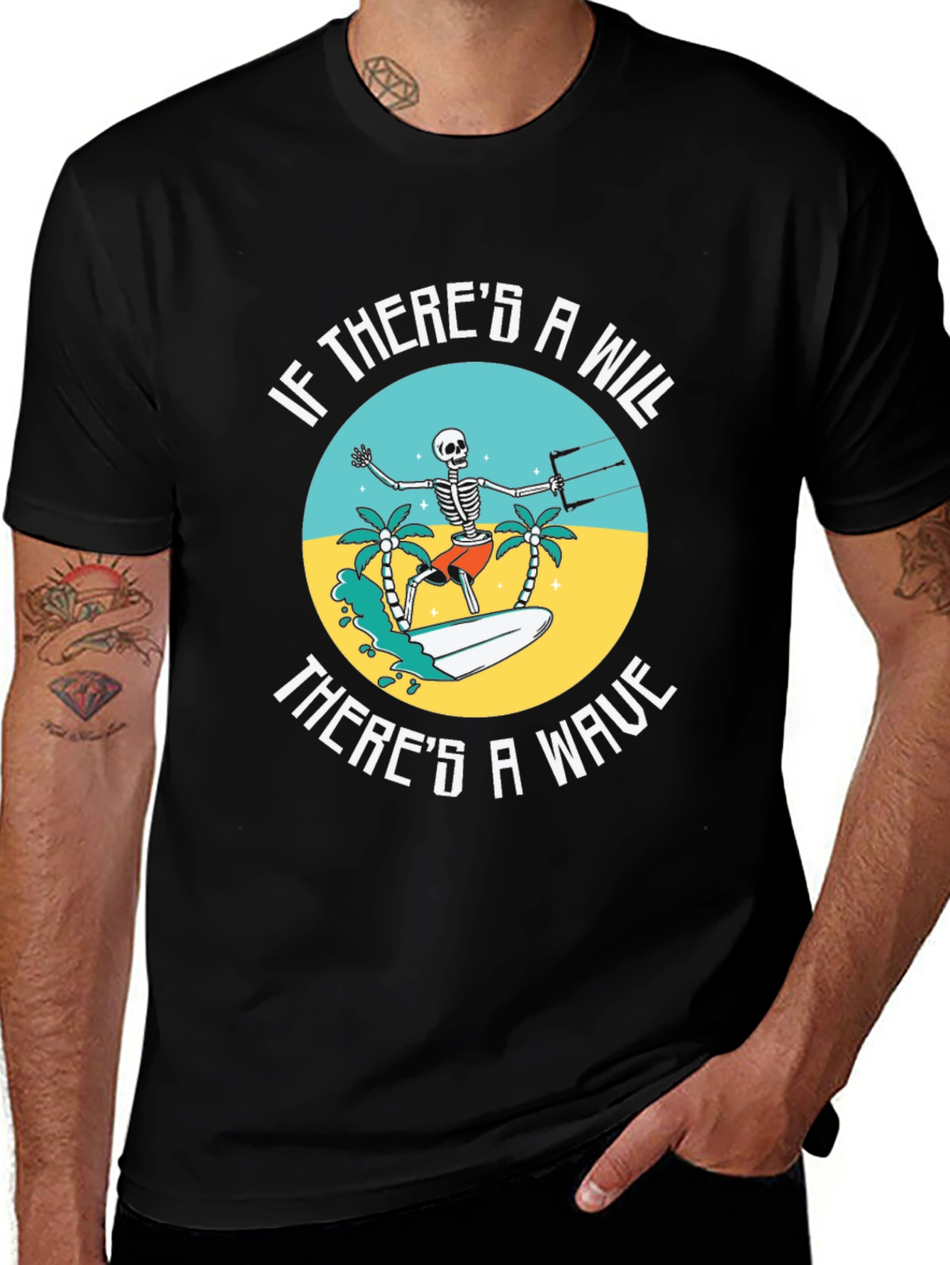 Variant 20 of Humorous Skeleton Surfer Tee - "If There's a Will, There's a Wave"