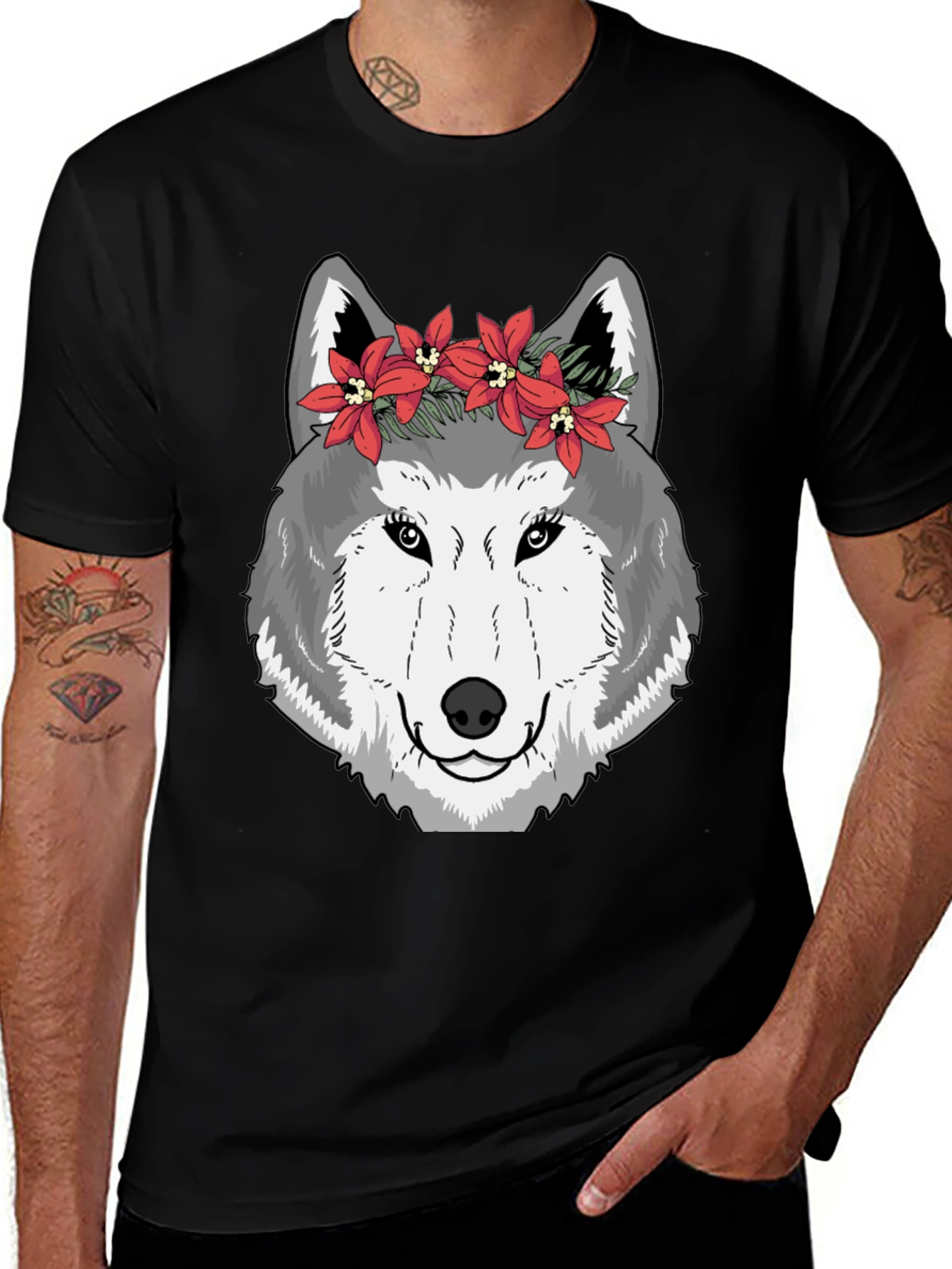Variant 21 of Wolf Floral Crown Graphic Tee - Cool Casual Style