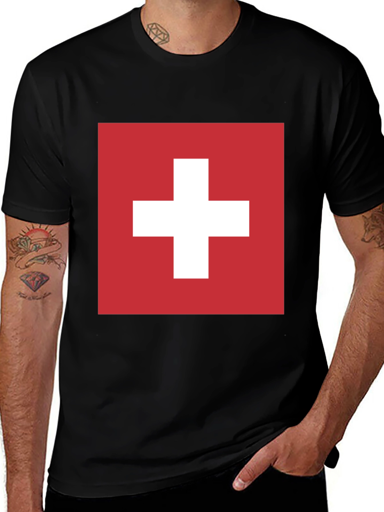 Swiss Flag Graphic T-Shirt - Black Cotton Tee