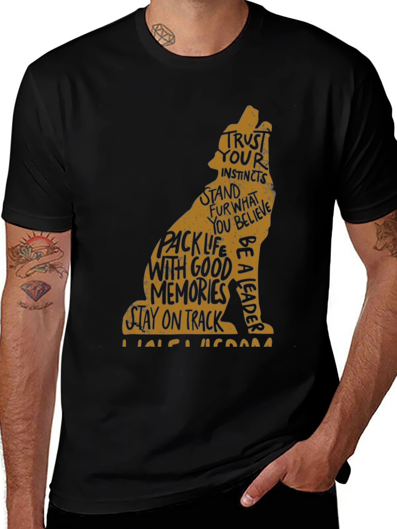 Variant 30 of Men's Black T-Shirt with Wolf Graphic and Positive Affirmations