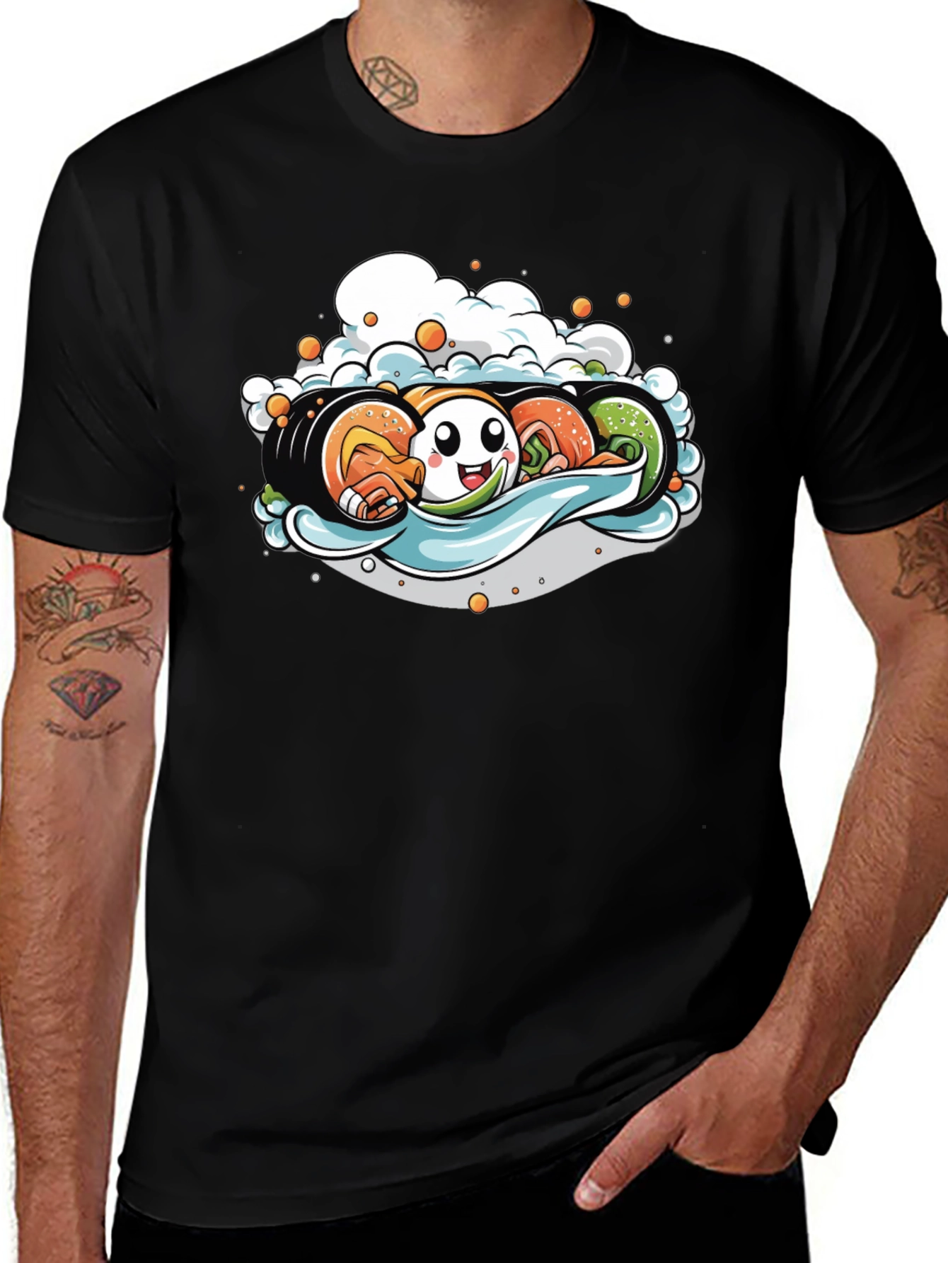 Variant 3 of Sushi Roll Cartoon Graphic Tee - Black
