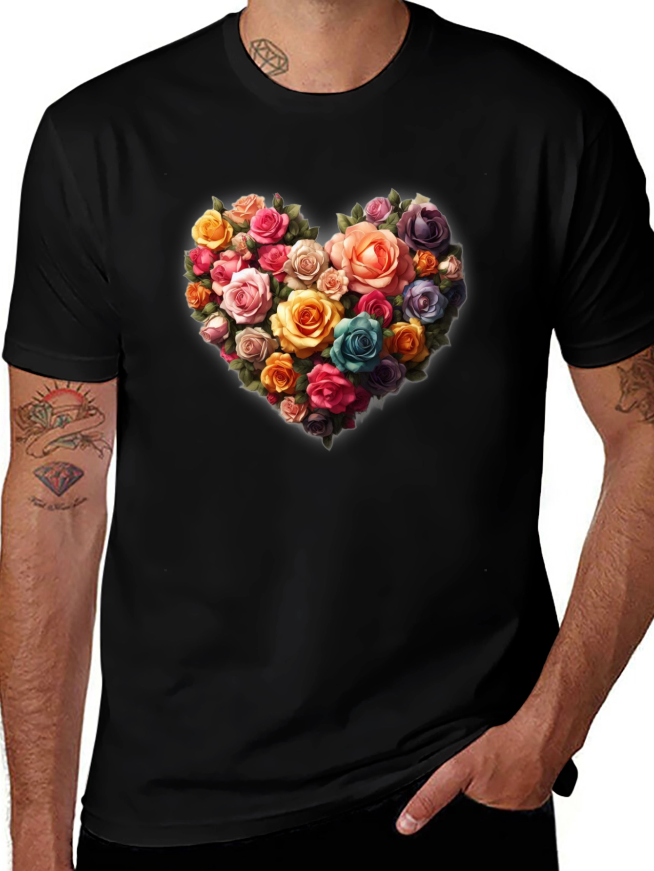 Variant 15 of Floral Heart Graphic Black T-Shirt