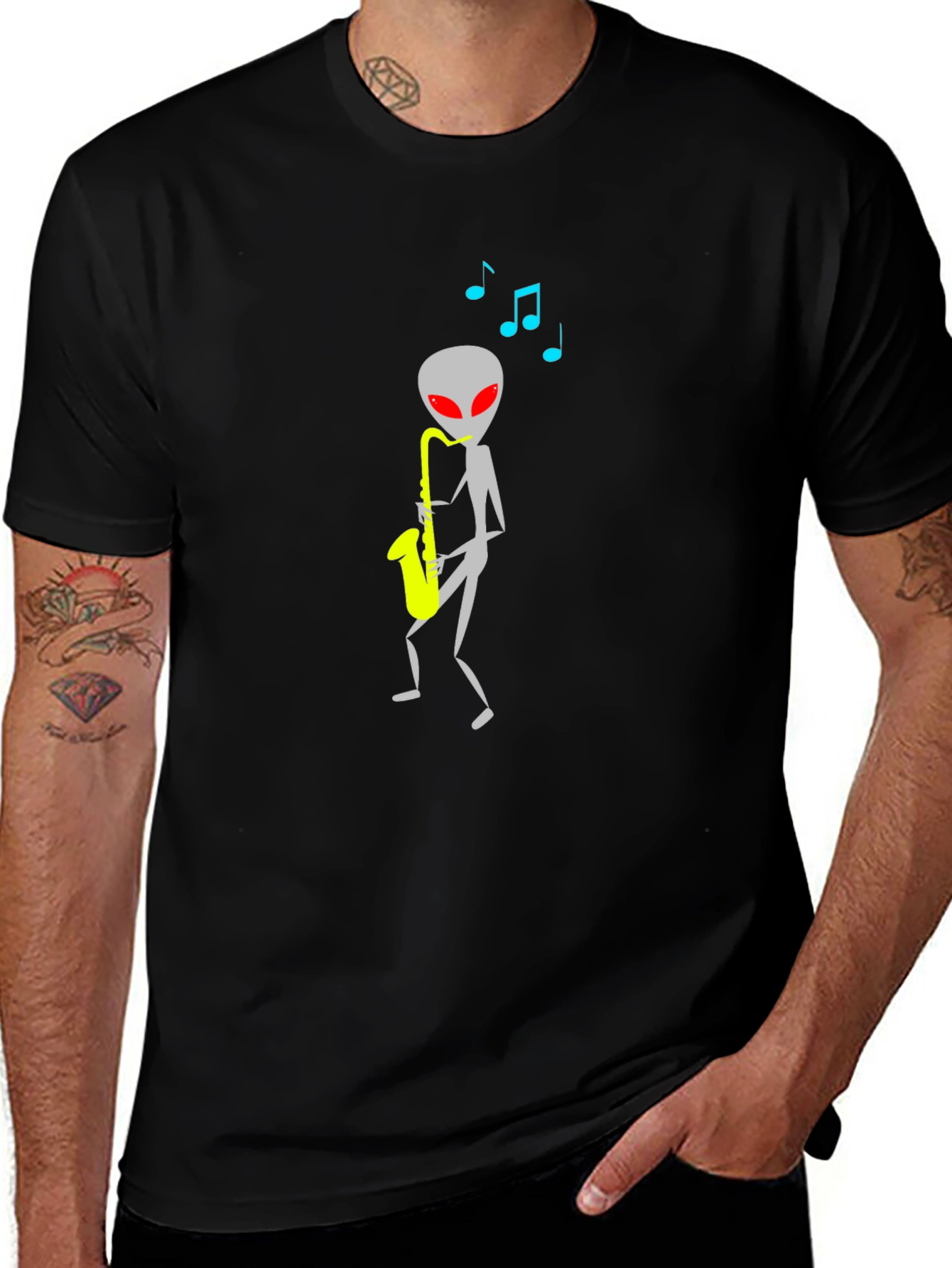 Variant 13 of Alien Sax Player Black Graphic Tee