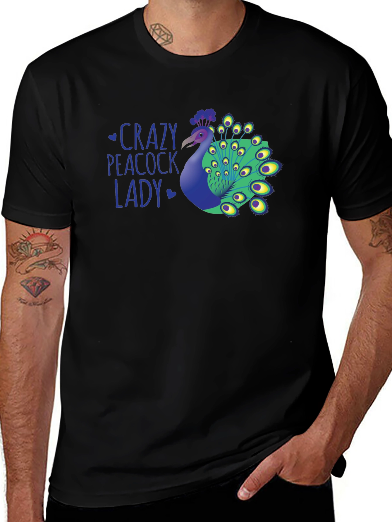 Crazy Peacock Lady Graphic T-Shirt - Fun Novelty Tee