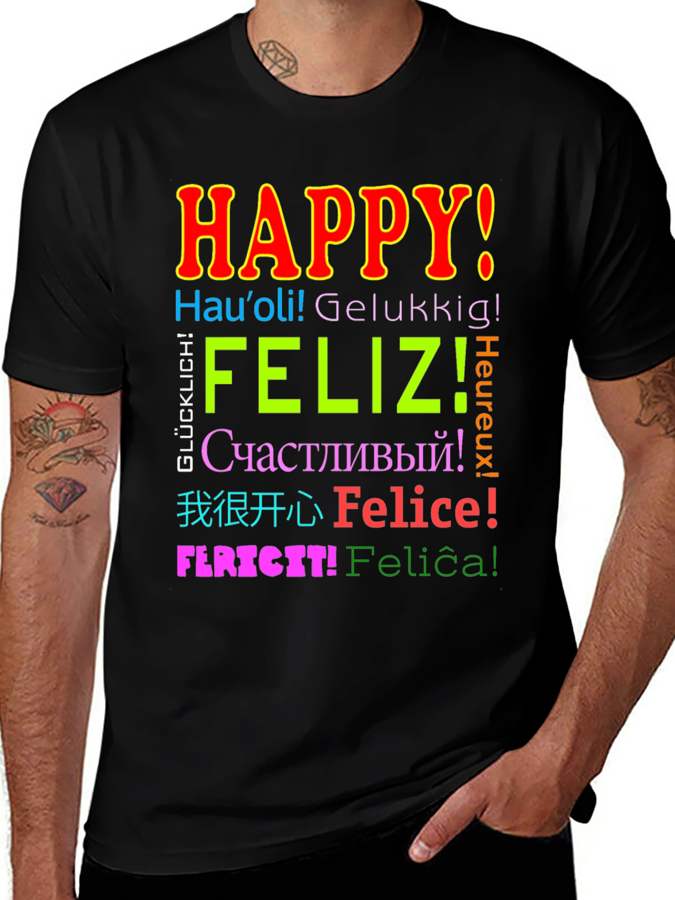 Variant 7 of Multilingual Happy T-Shirt - Global Joy!