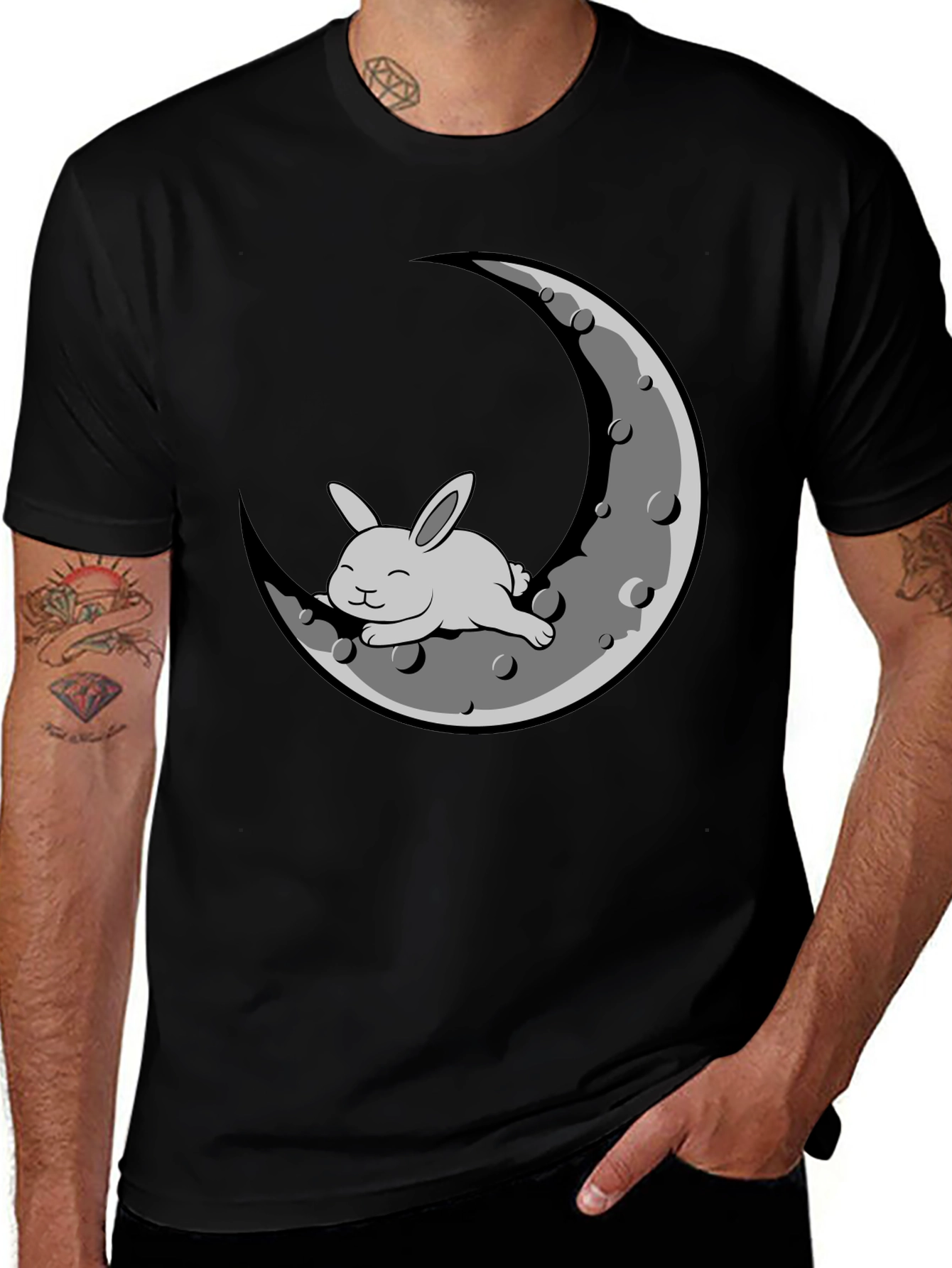 Variant 7 of Rabbit on Moon Graphic T-Shirt - Black Cotton Blend