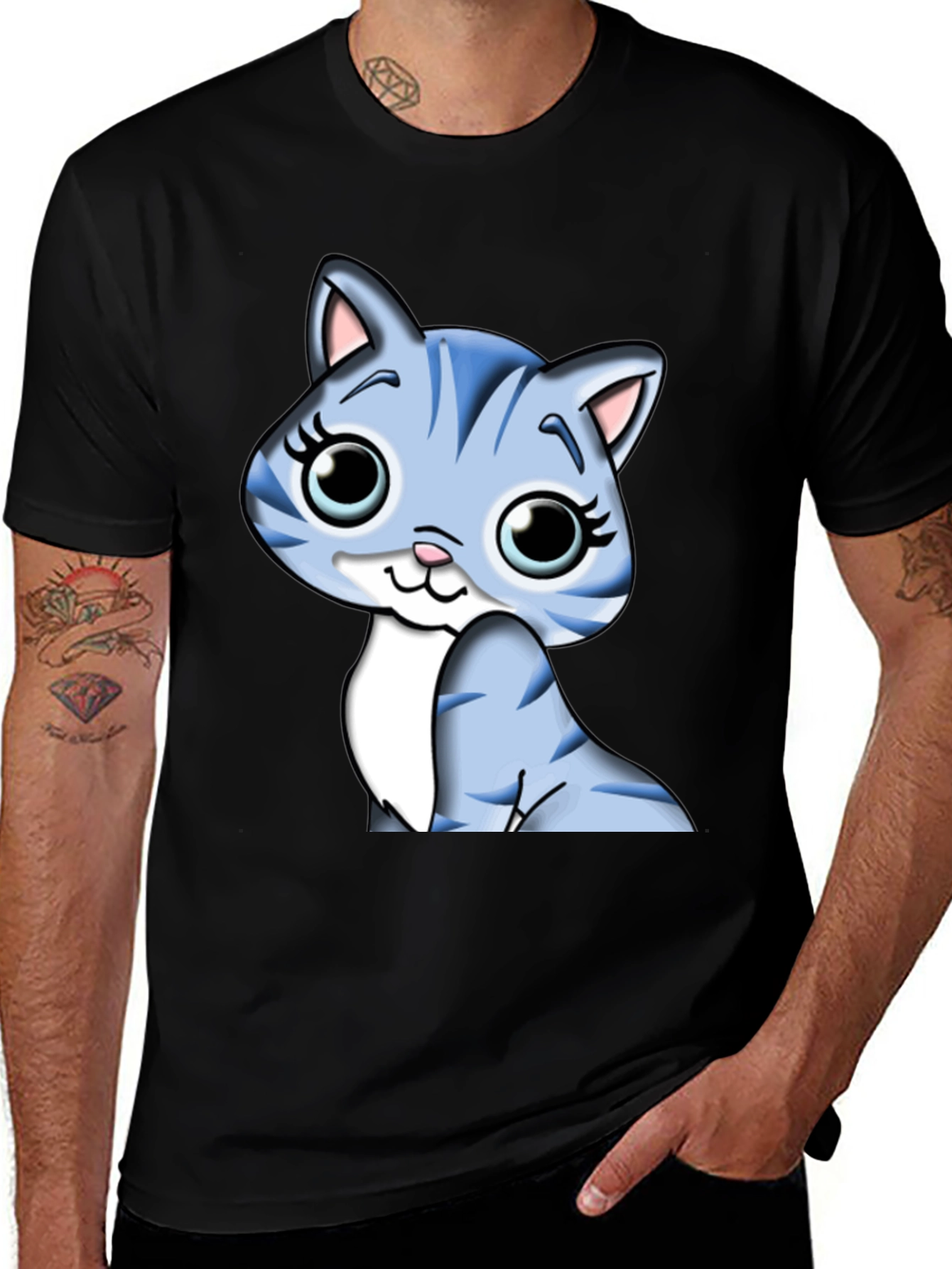 Variant 5 of Cute Cartoon Cat Graphic Tee - Black