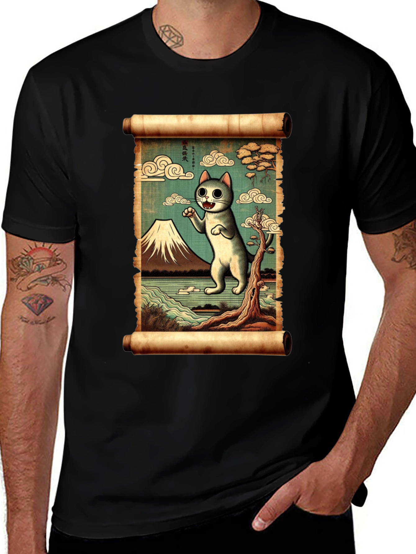 Japanese Cat Scroll T-Shirt - Unique Artistic Tee
