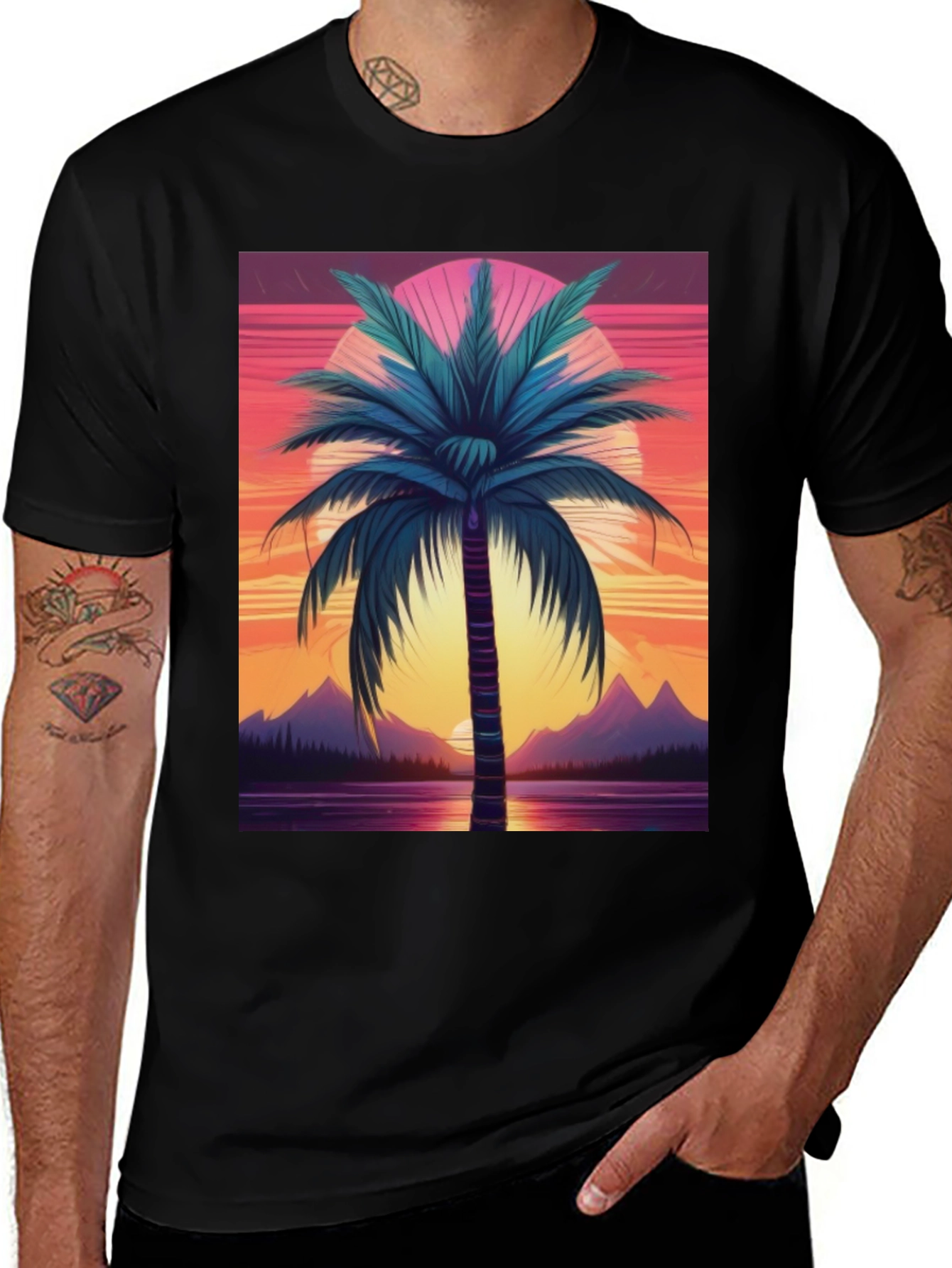 Variant 9 of Retro Palm Sunset Graphic Tee - Black