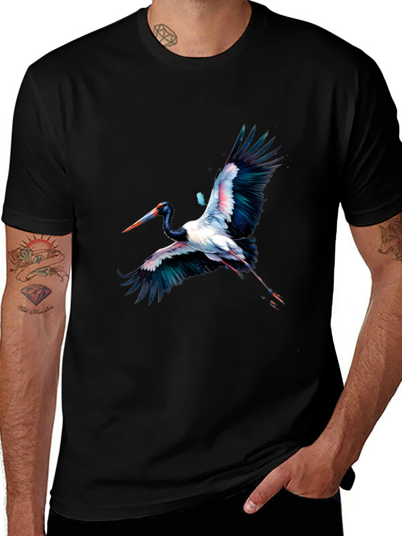 Stylish Black T-Shirt with Artistic Crane Print