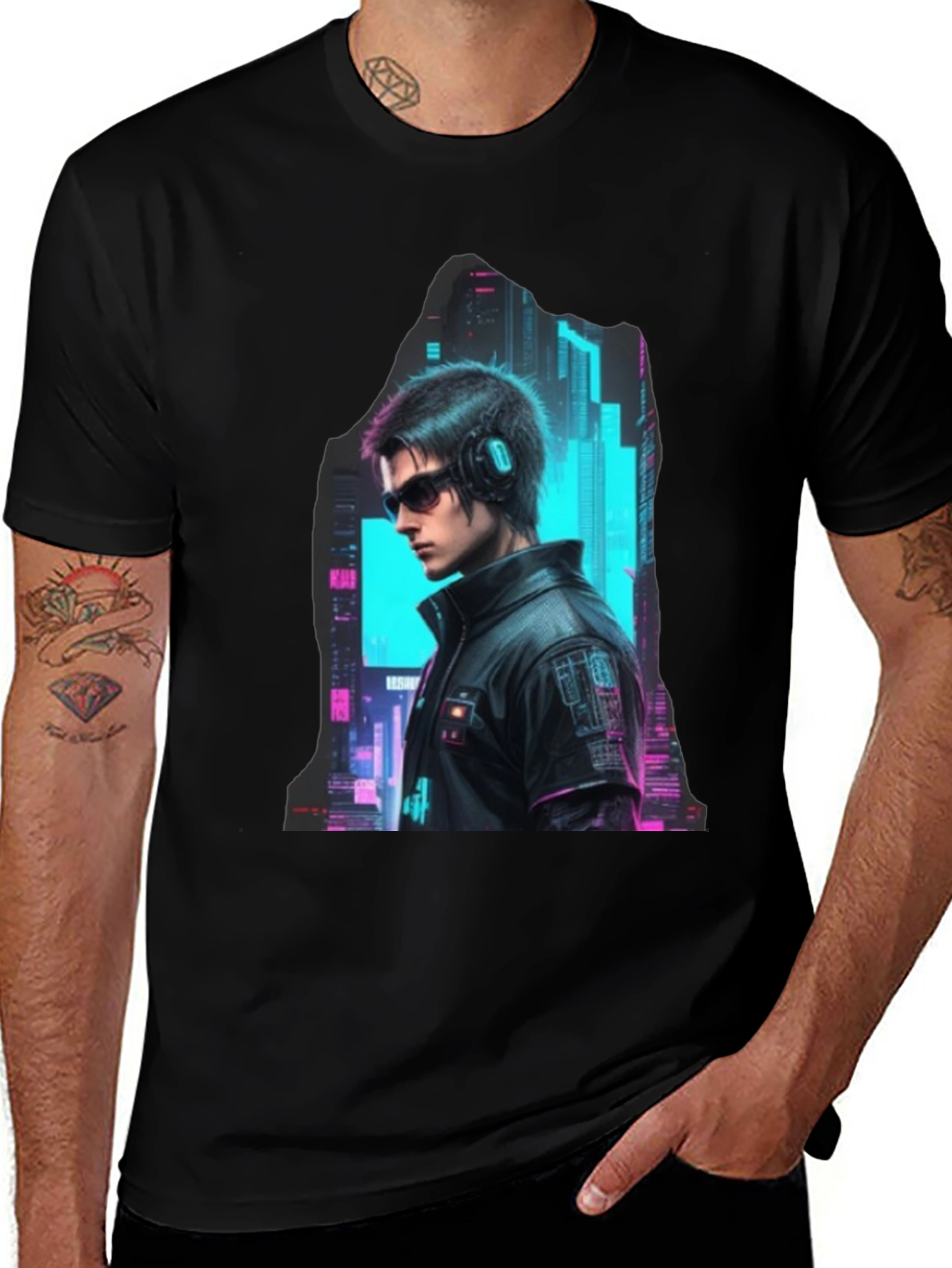 Variant 20 of Cyberpunk Cityscape Graphic Tee - Black