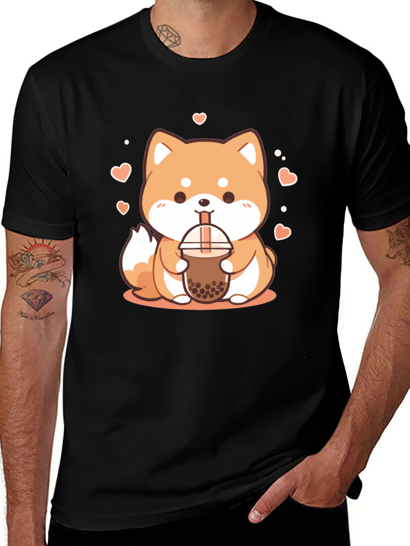 Kawaii Shiba Inu Bubble Tea Graphic Tee - Black