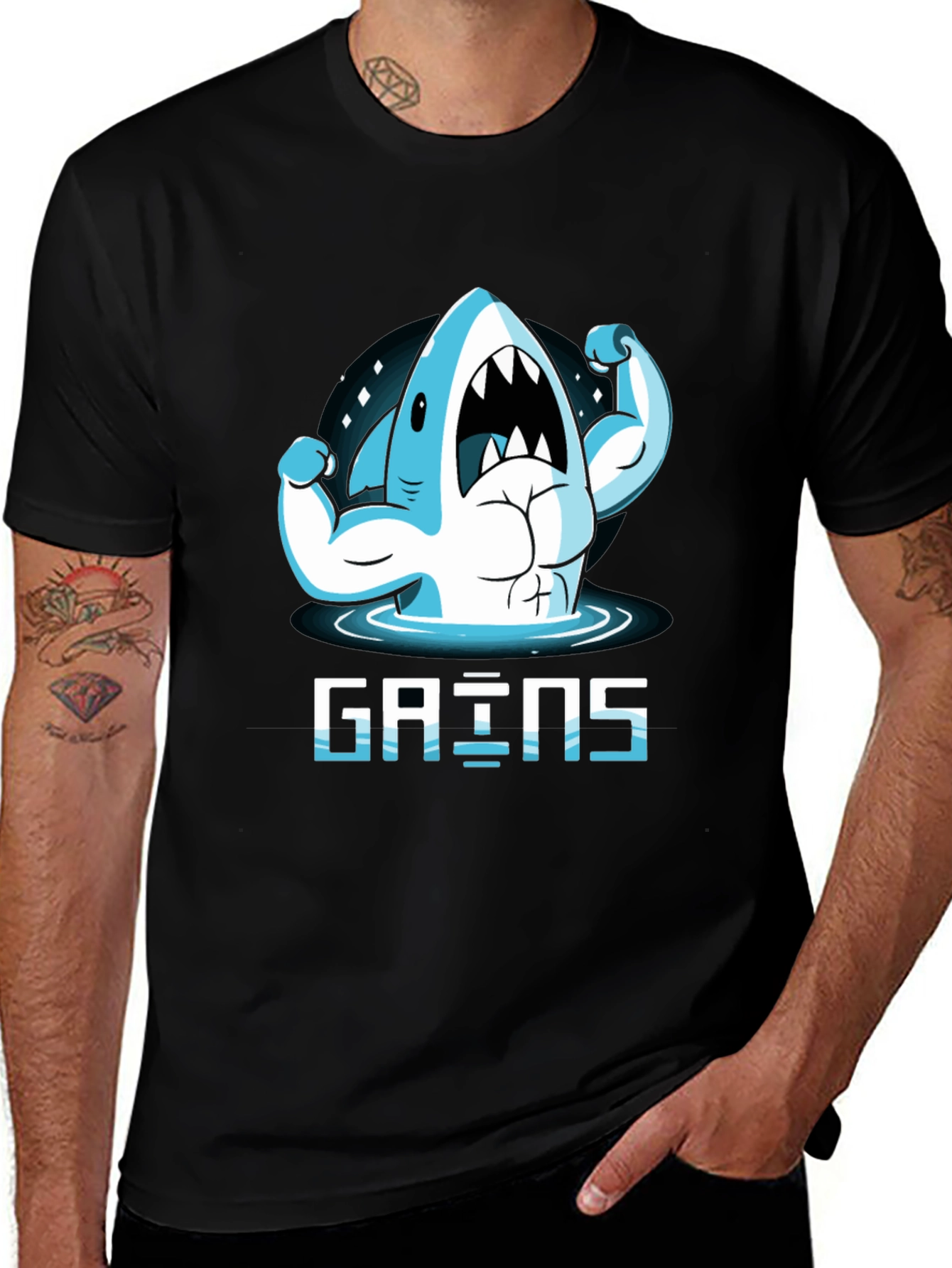 Variant 27 of Gains Shark Black T-Shirt: Gym Humor Tee