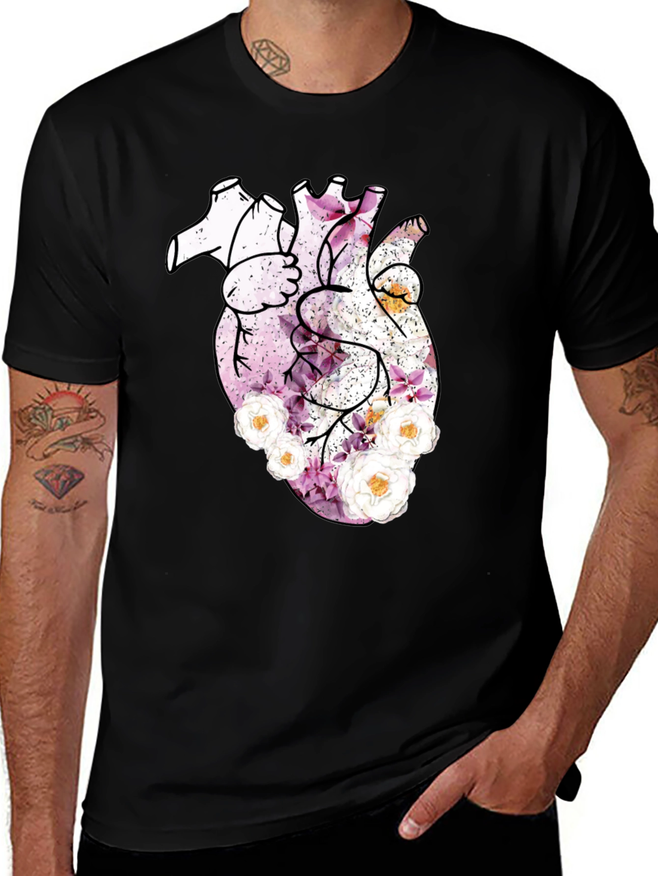 Black Floral Heart Print Black T-Shirt main image