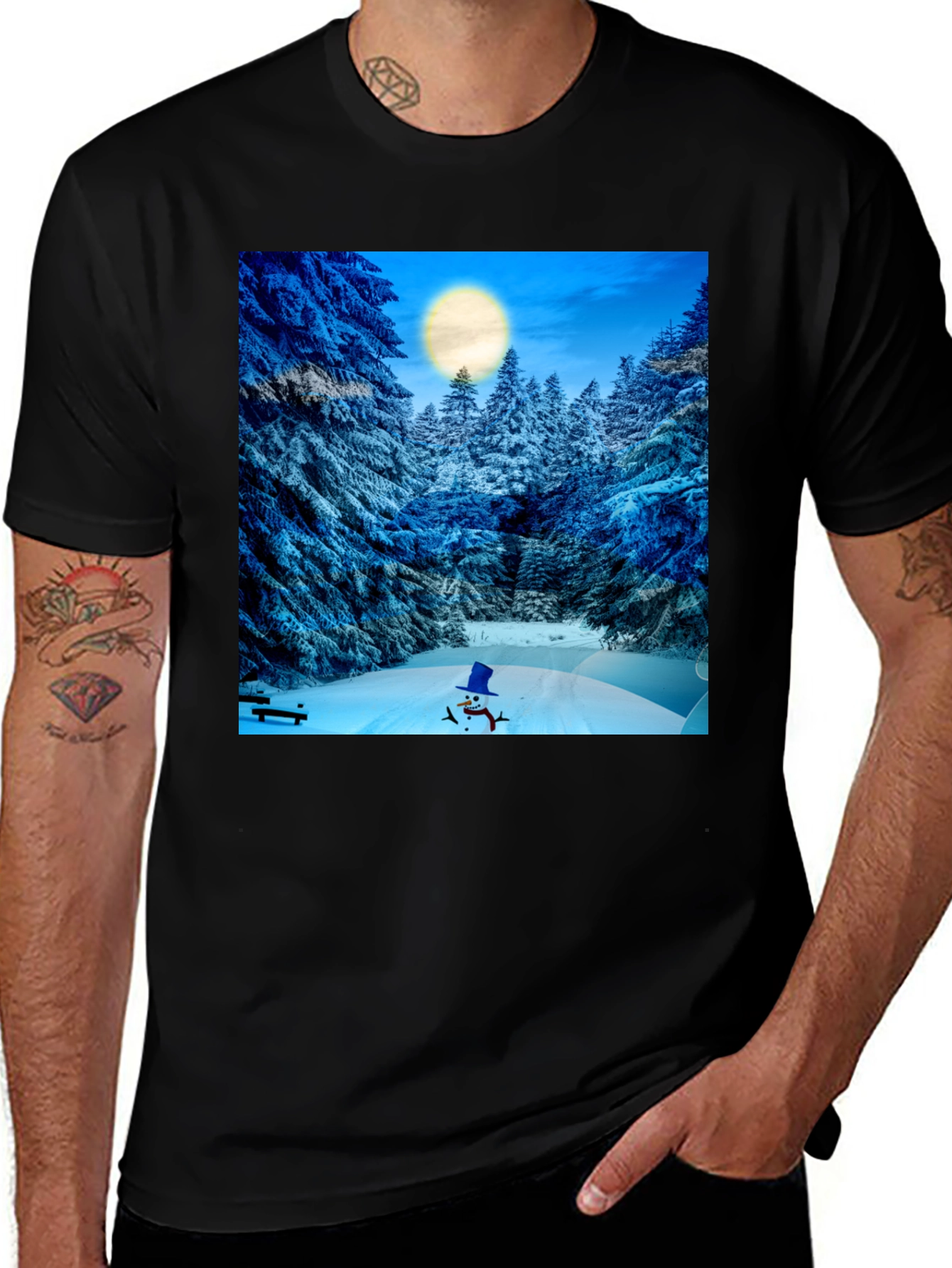 Variant 6 of Winter Wonderland T-Shirt - Snowman & Forest Design