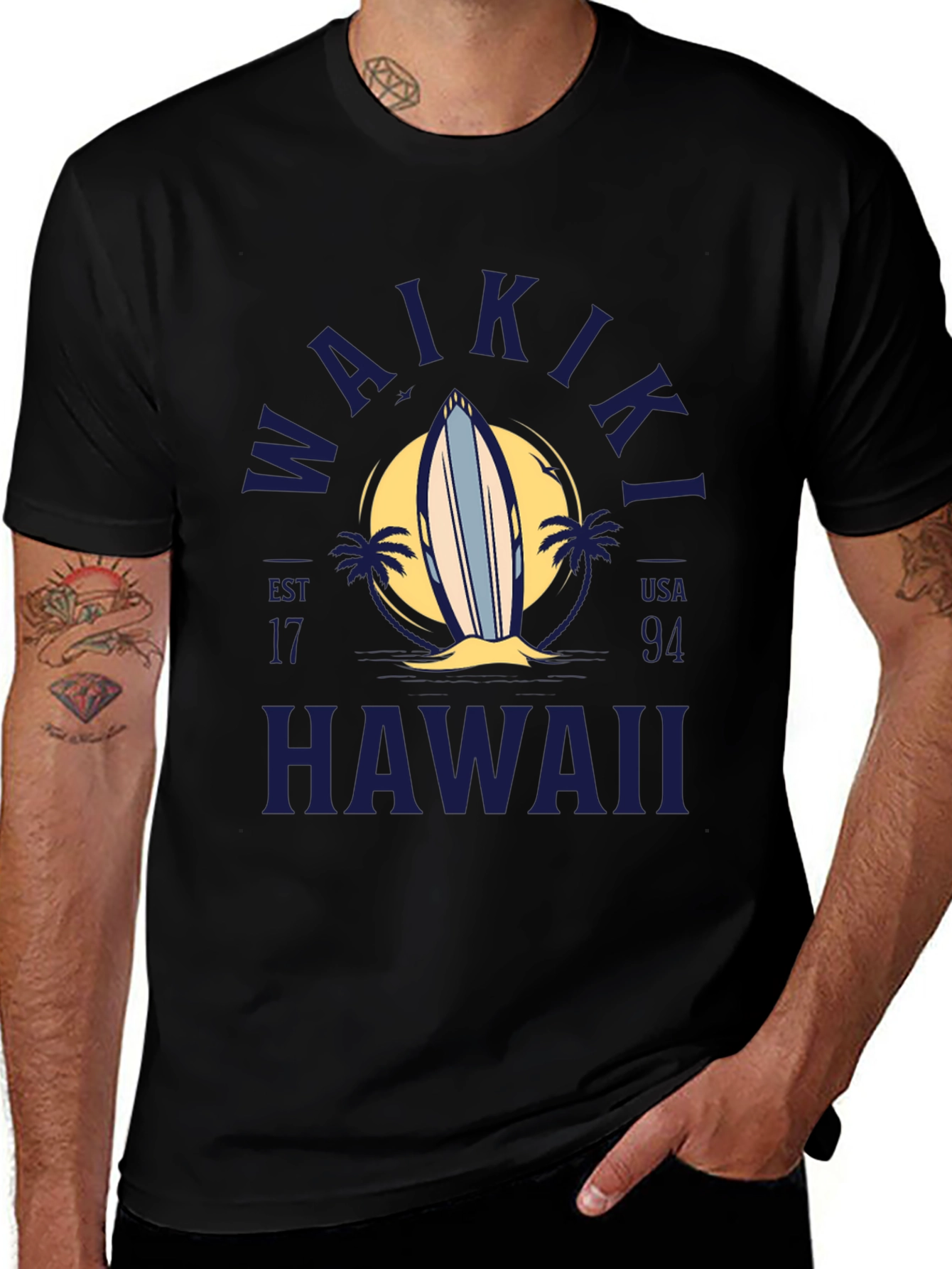 Waikiki Hawaii Surfboard Graphic T-Shirt