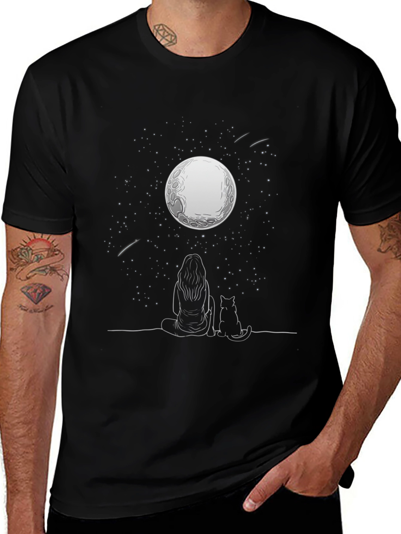 Variant 12 of Moon Gazing Tee - Woman & Cat Under Stars