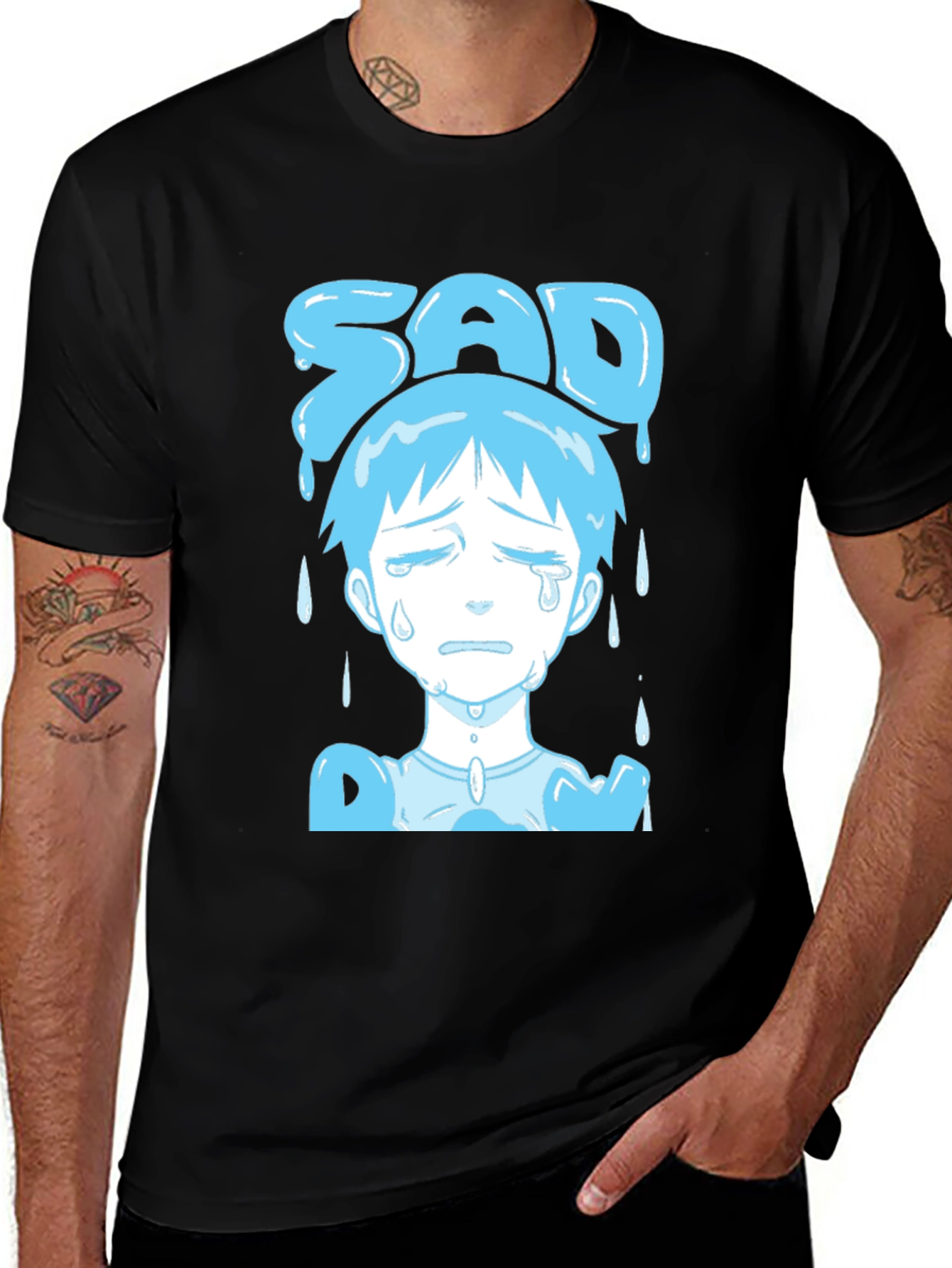 Variant 10 of Sad Anime Boy Graphic Tee - Black Cotton T-Shirt