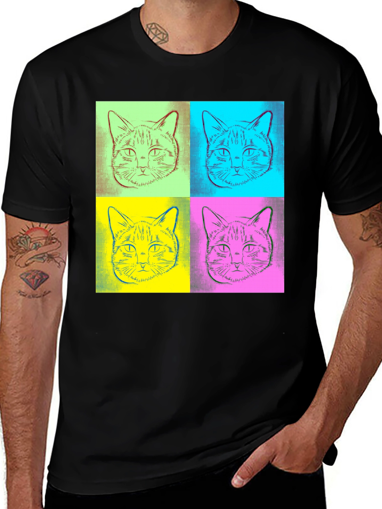 Variant 25 of Pop Art Cat Graphic Tee - Quirky Black T-Shirt