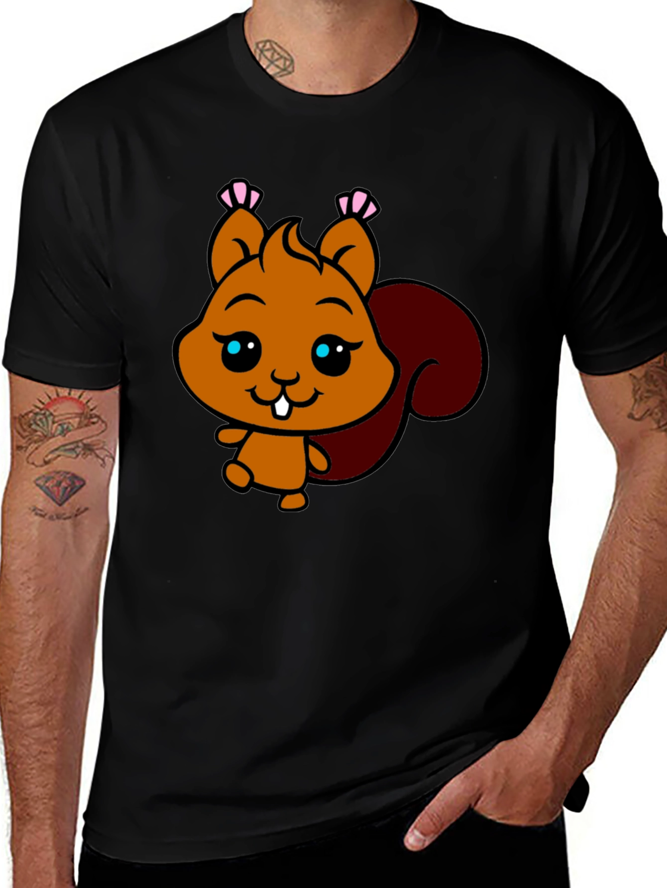 Variant 10 of Cute Squirrel Graphic Tee - Black Cotton T-Shirt