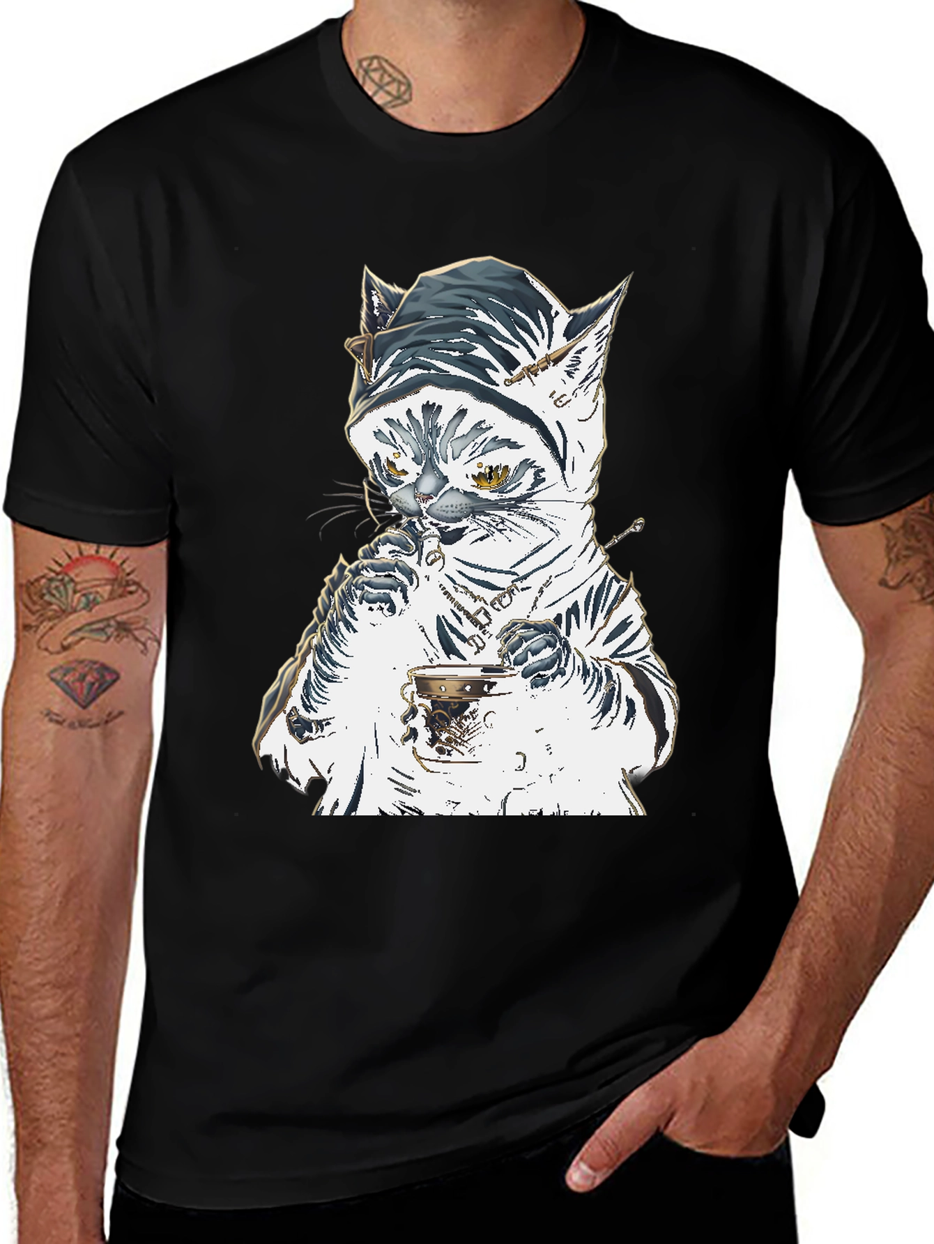 Variant 18 of Cat T-Shirt: Sophisticated Feline Tea Time