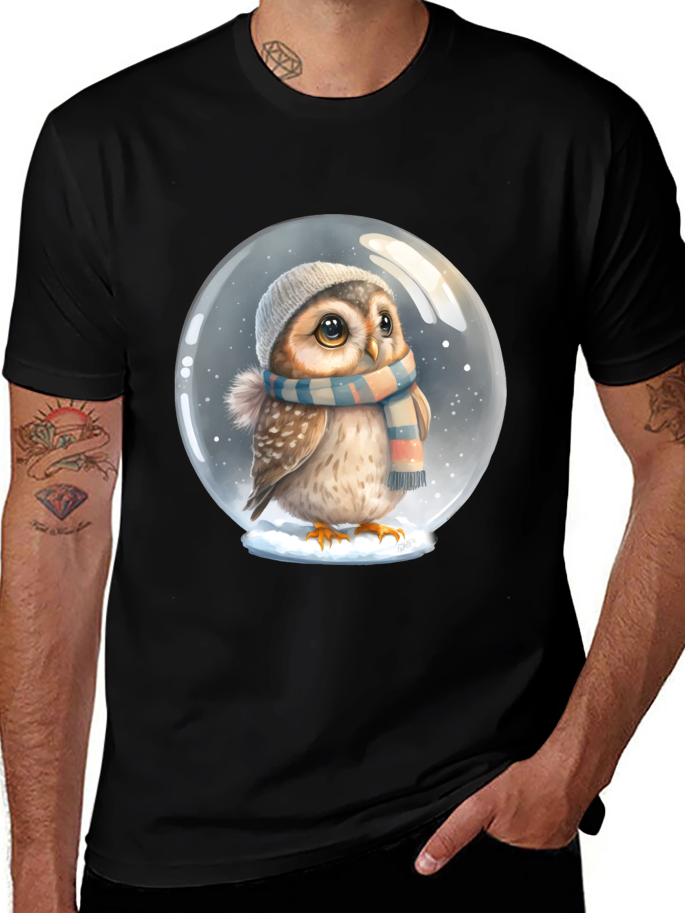 Variant 4 of Cute Owl in Snow Globe Black T-Shirt