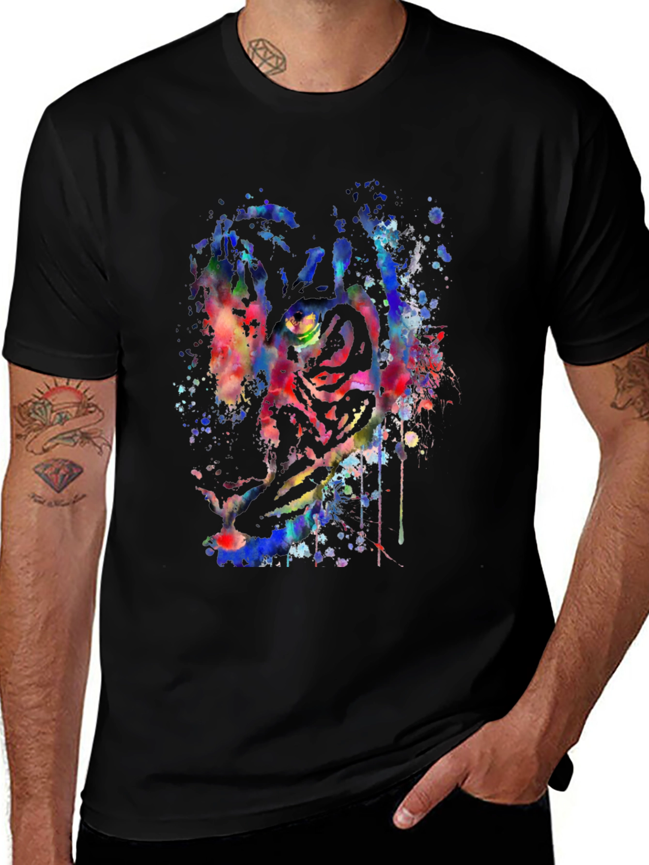 Variant 18 of Colorful Tiger Splash Graphic Black T-Shirt
