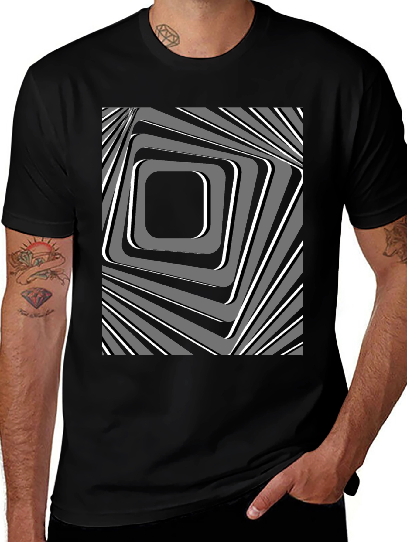Abstract Square Pattern Black T-Shirt