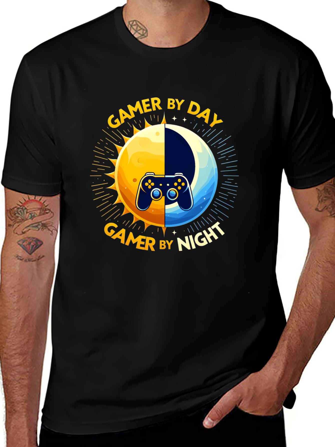 Gamer By Day T-Shirt - Moon and Sun Graphic Tee