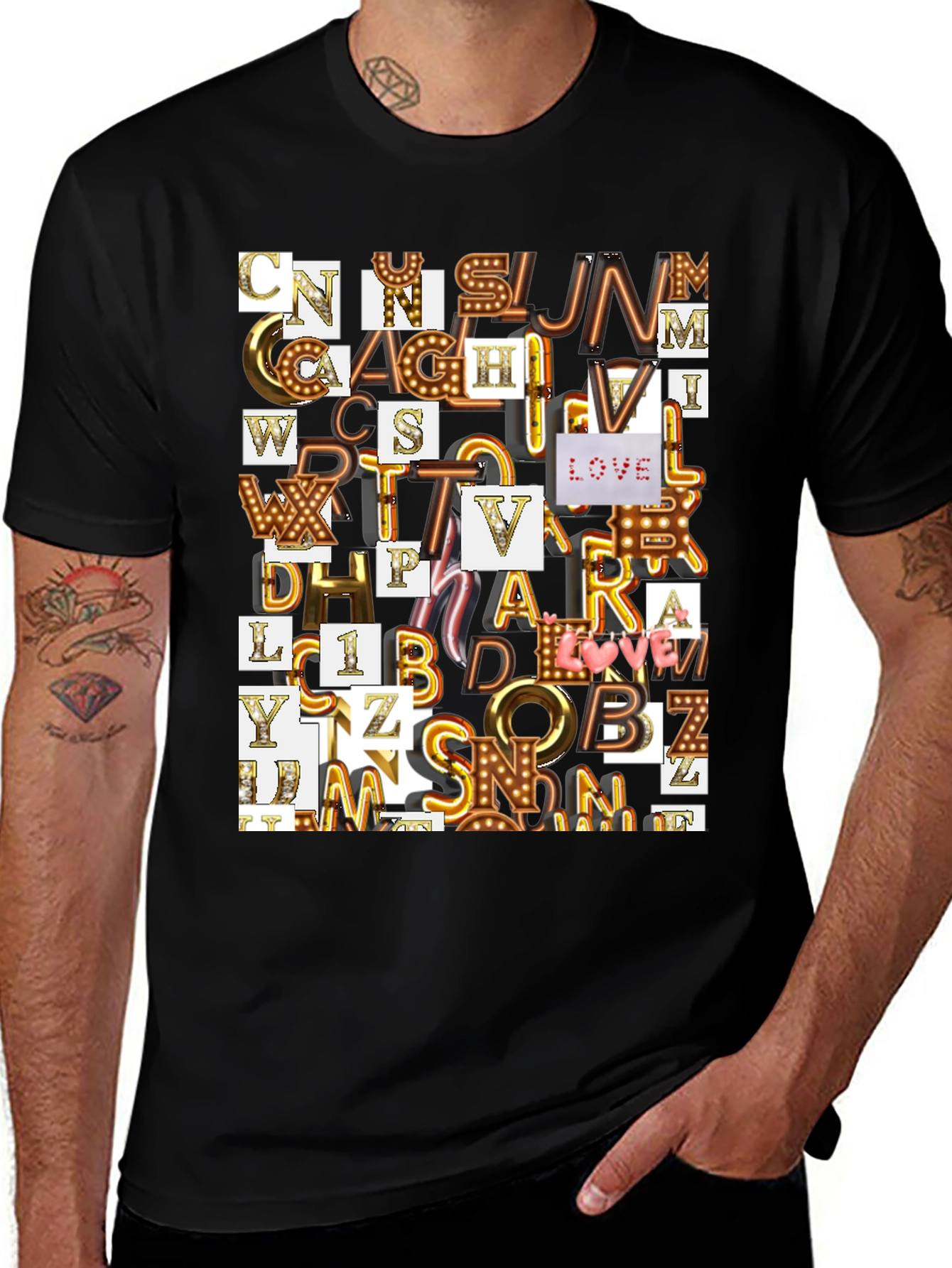 Variant 10 of Alphabet Marquee Letter Print Black T-Shirt
