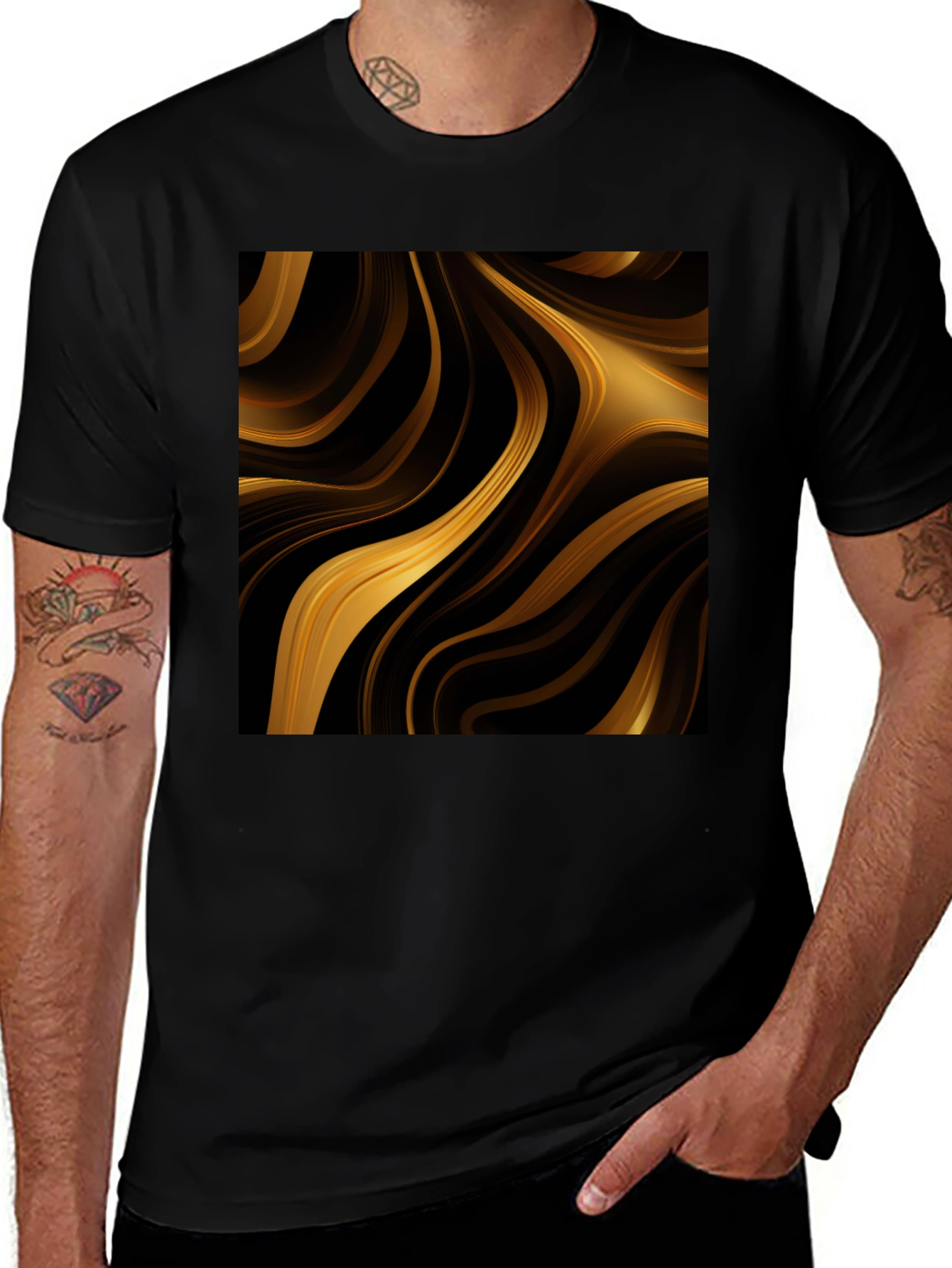 Variant 24 of Elegant Gold Swirl Design Black T-Shirt