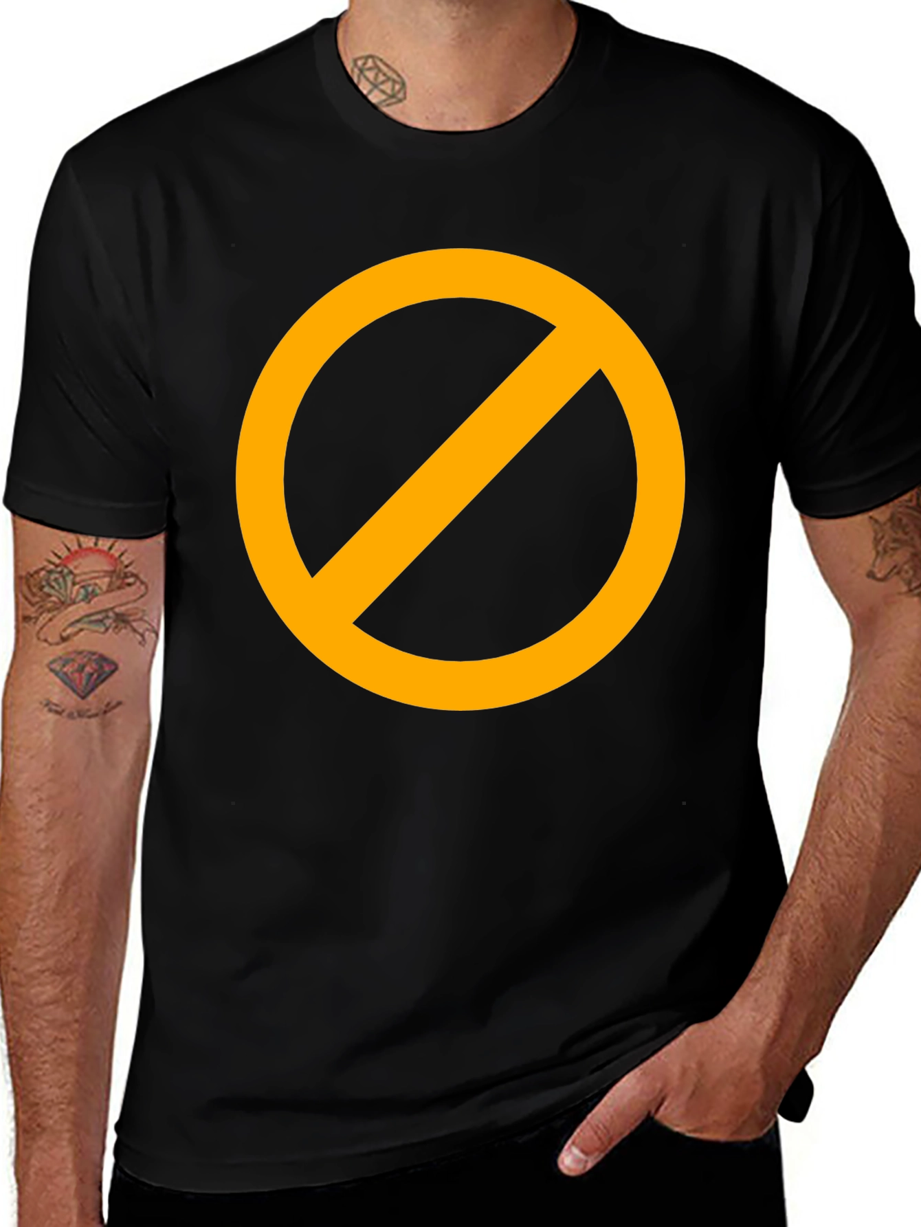 Variant 24 of Black T-Shirt with Orange Circle Prohibition Symbol