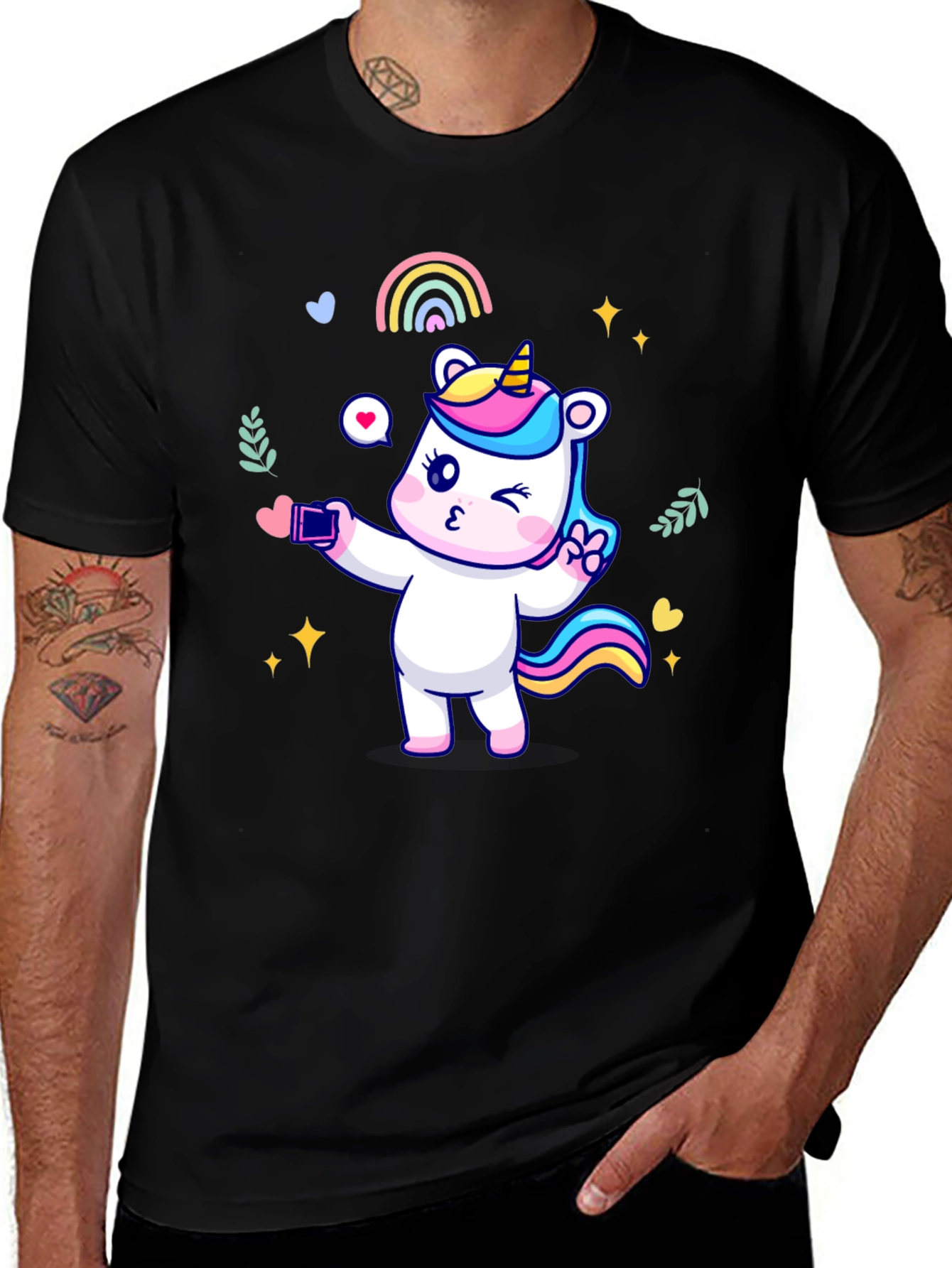 Variant 2 of Unicorn Selfie Graphic Tee - Black Cotton T-Shirt