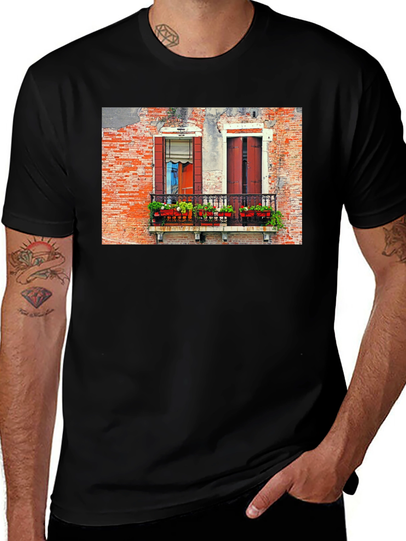 Variant 3 of Venice Window T-Shirt: Black, Balcony View
