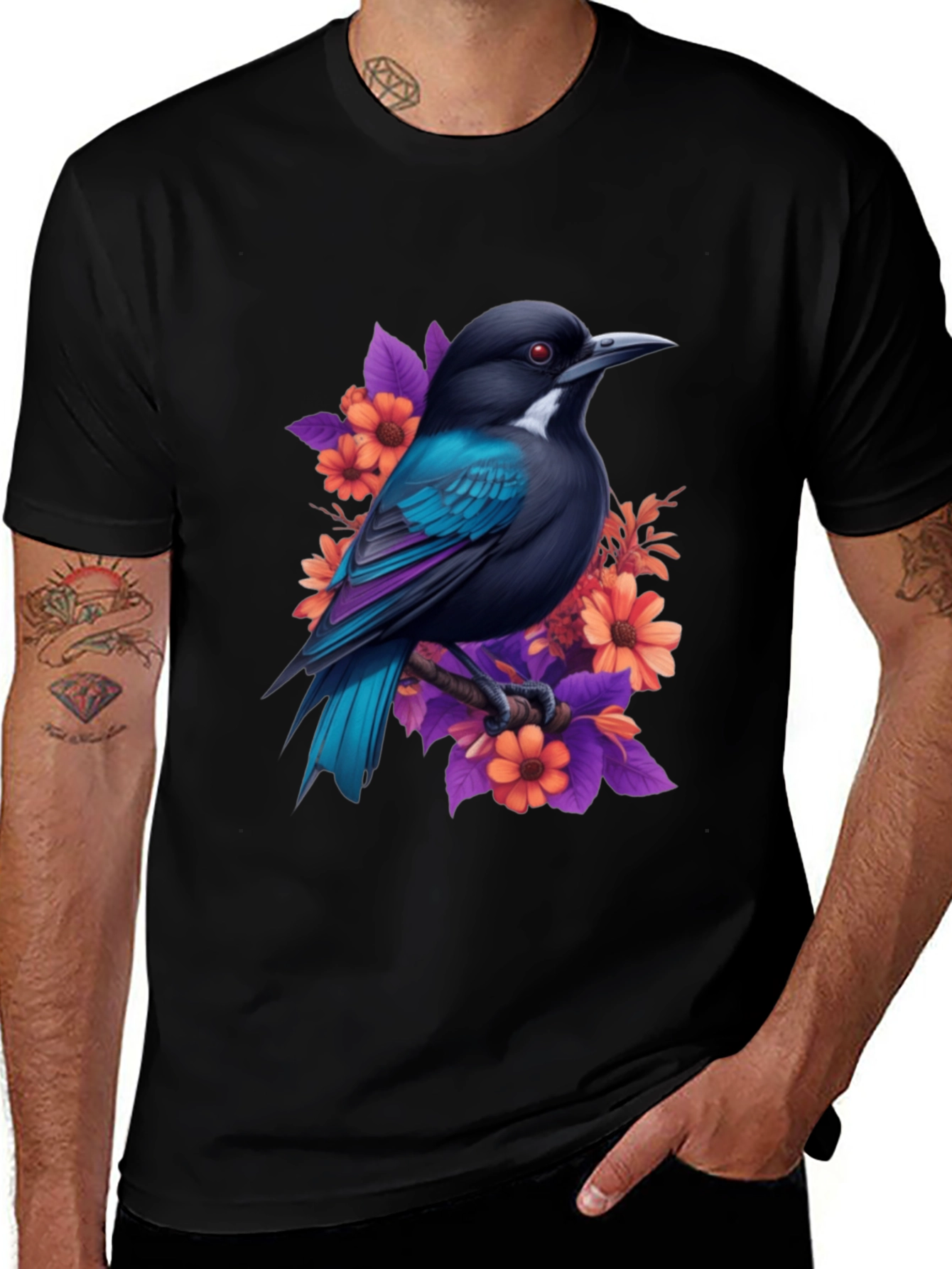 Variant 22 of Floral Bird Print Black T-Shirt