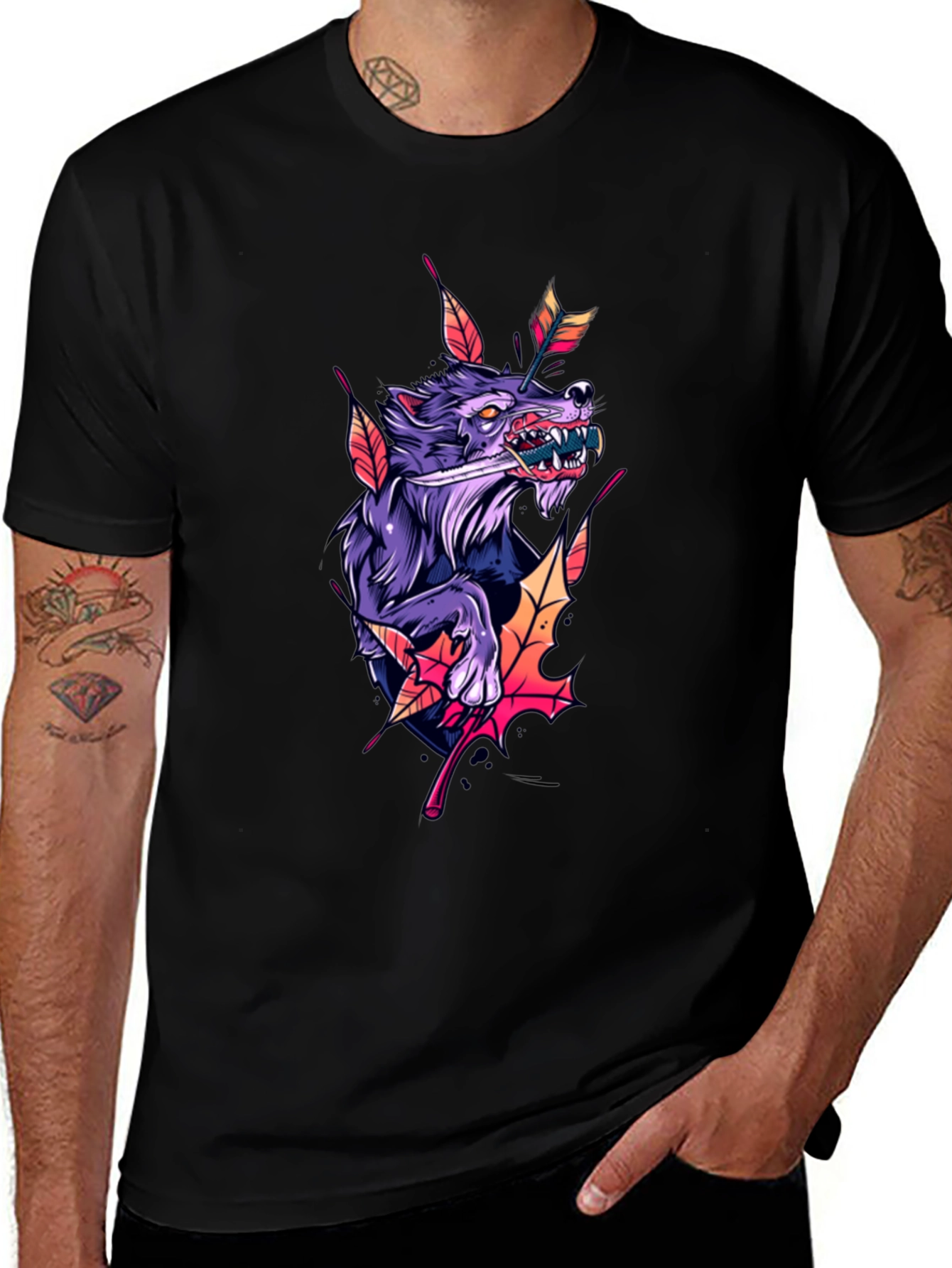 Variant 27 of Wolf Arrow Graphic Tee - Men's Black T-Shirt