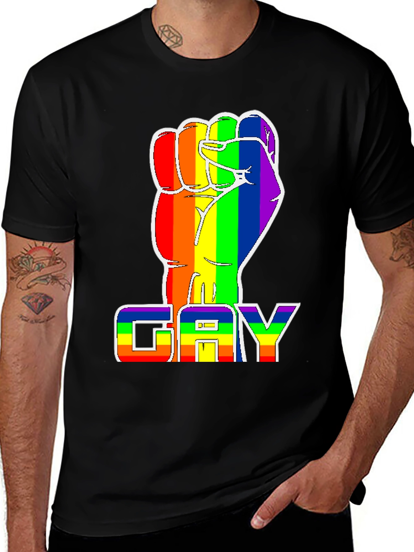 Black Rainbow Fist 'GAY' Pride T-Shirt - Black Cotton Blend Tee main image