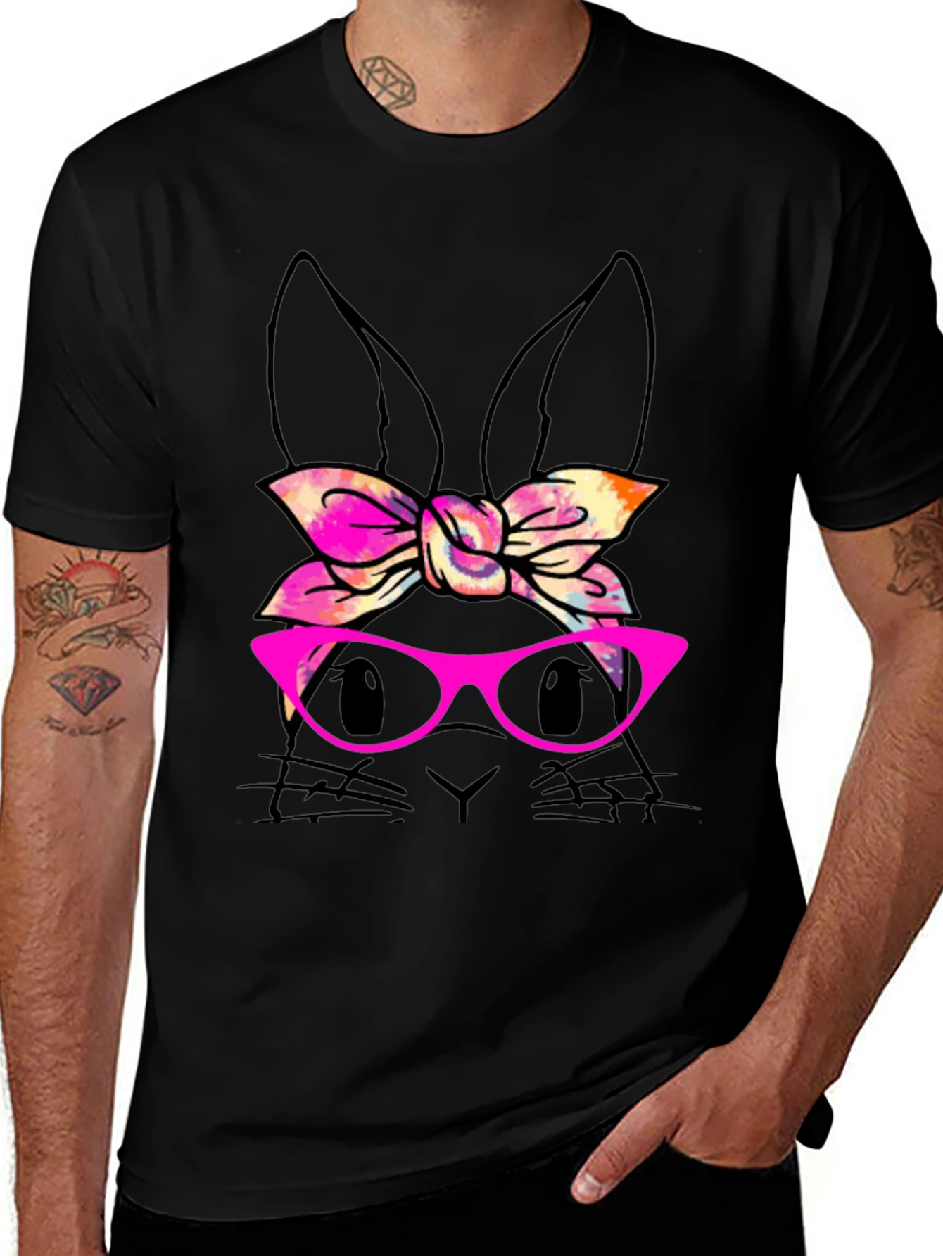 Variant 5 of Bunny with Bow & Glasses Black T-Shirt