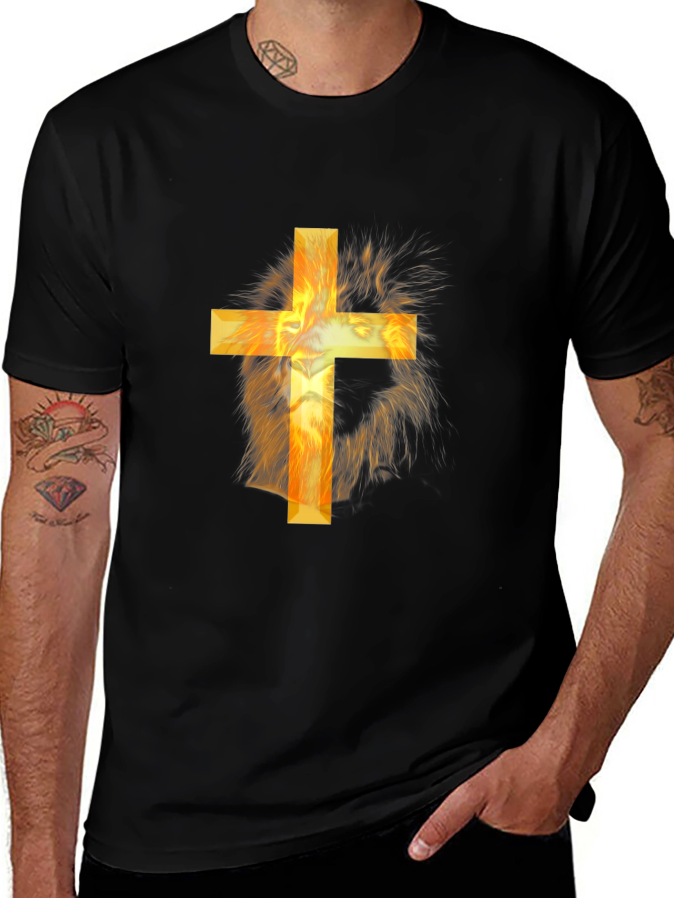 Lion and Cross Graphic Black T-Shirt
