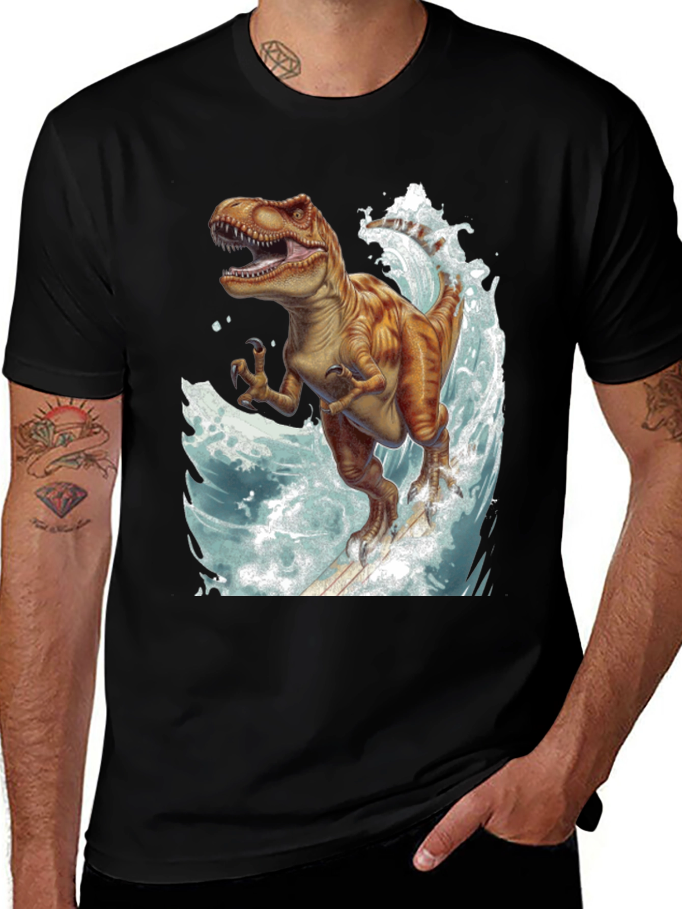 Variant 17 of Surfing Dinosaur T-Shirt - Black Graphic Tee