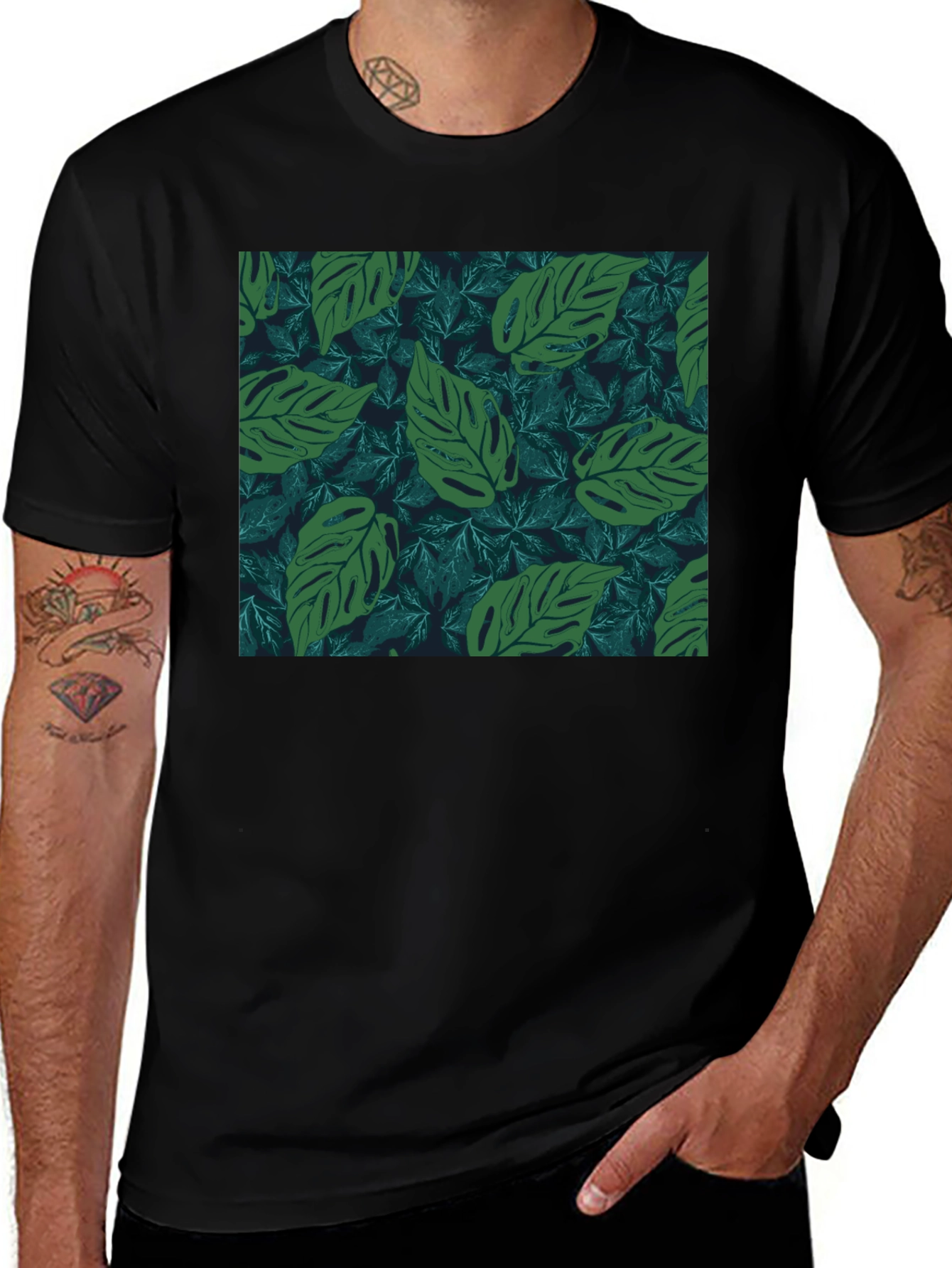 Leaf Print Black T-Shirt