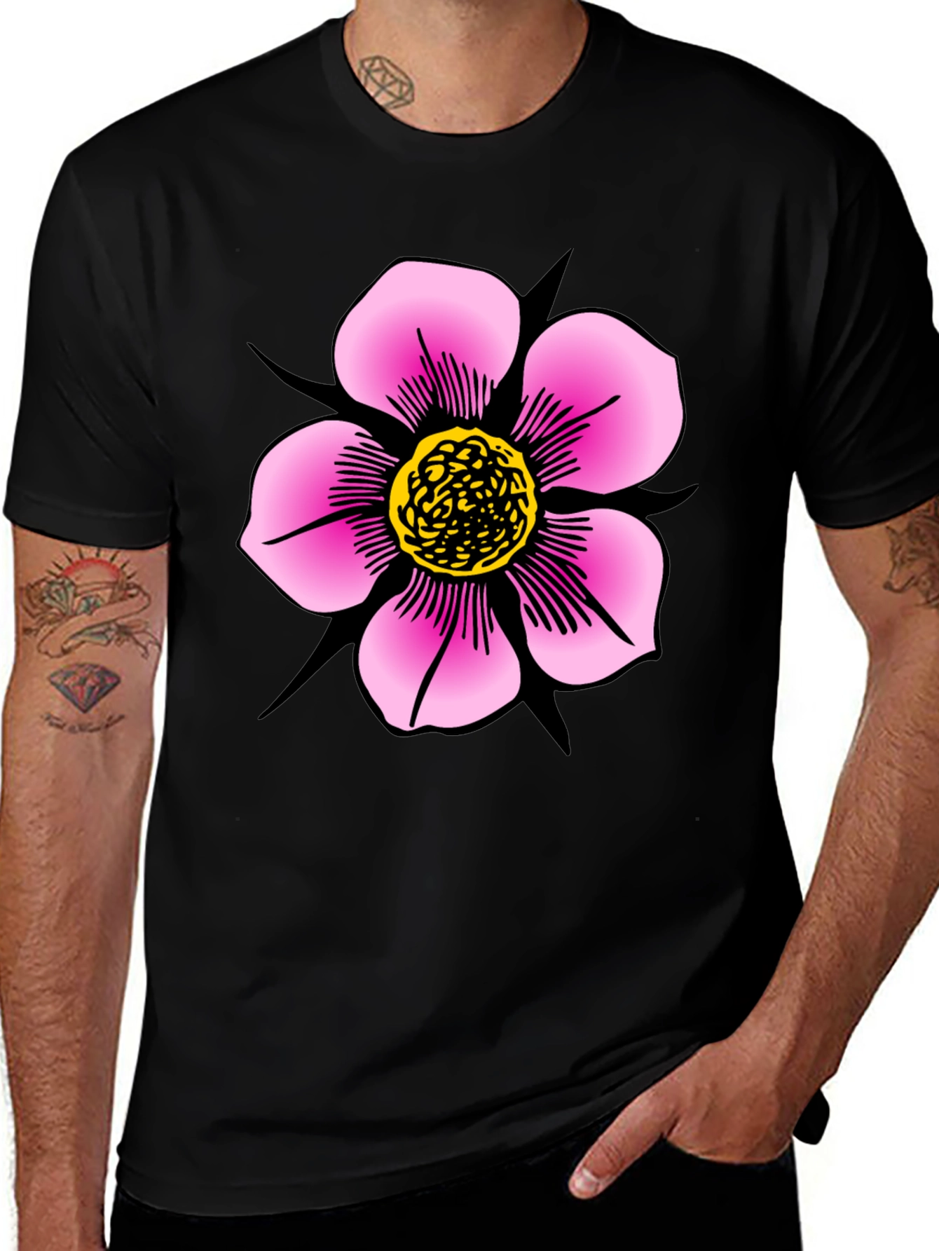 Variant 12 of Black T-Shirt with Pink Flower Graphic