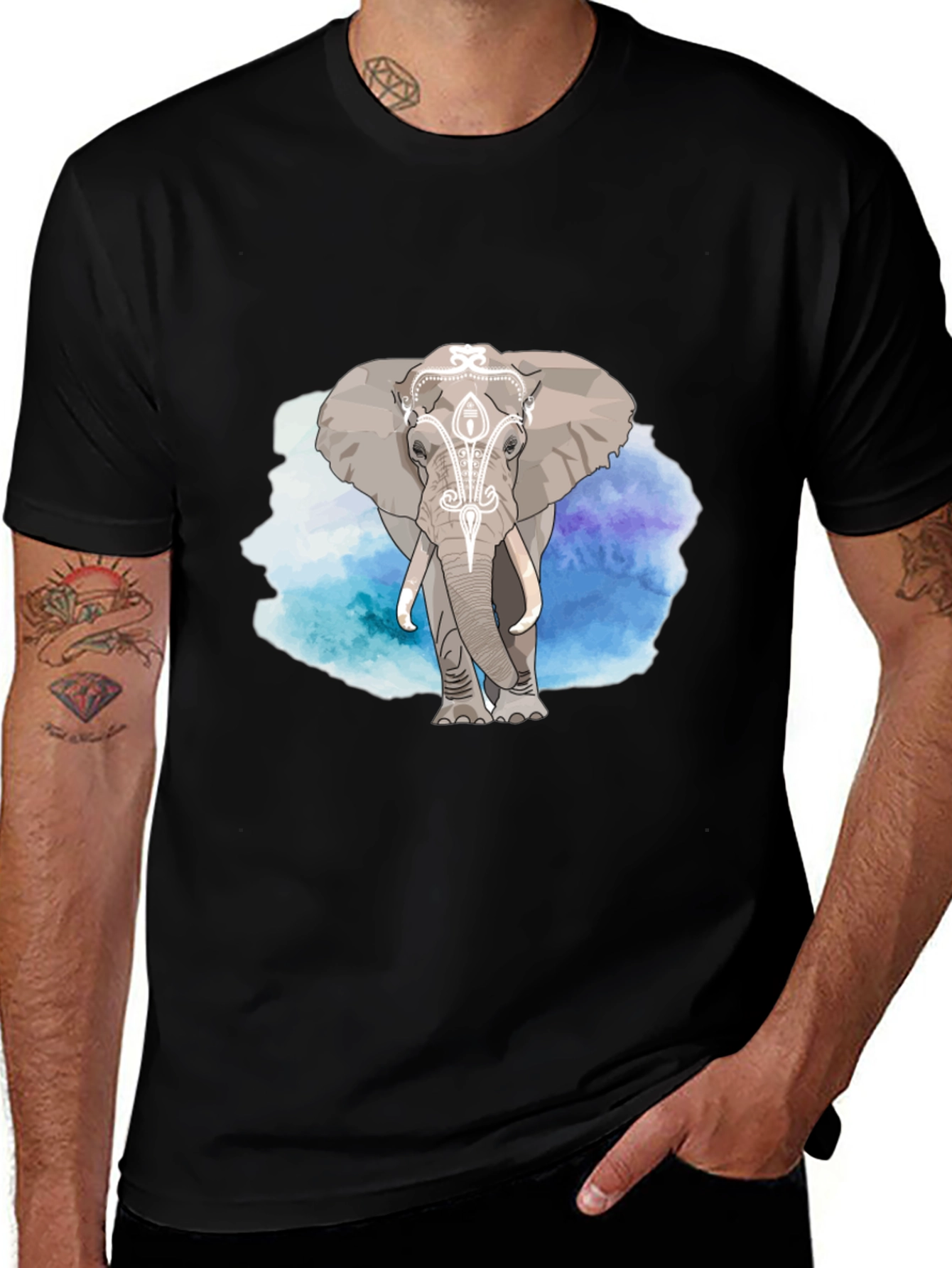 Variant 26 of Elephant Watercolor Graphic Print Black T-Shirt