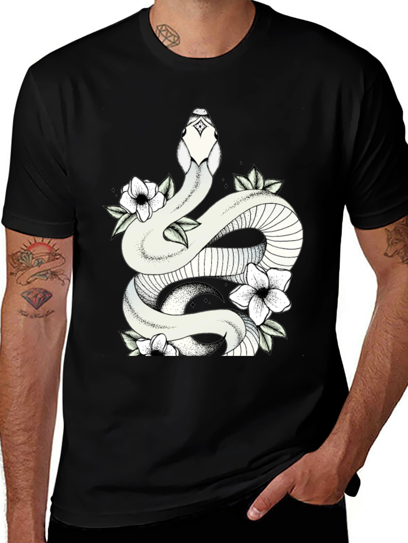Variant 6 of Snake & Flowers Graphic Tee - Stylish Men's Black T-Shirt