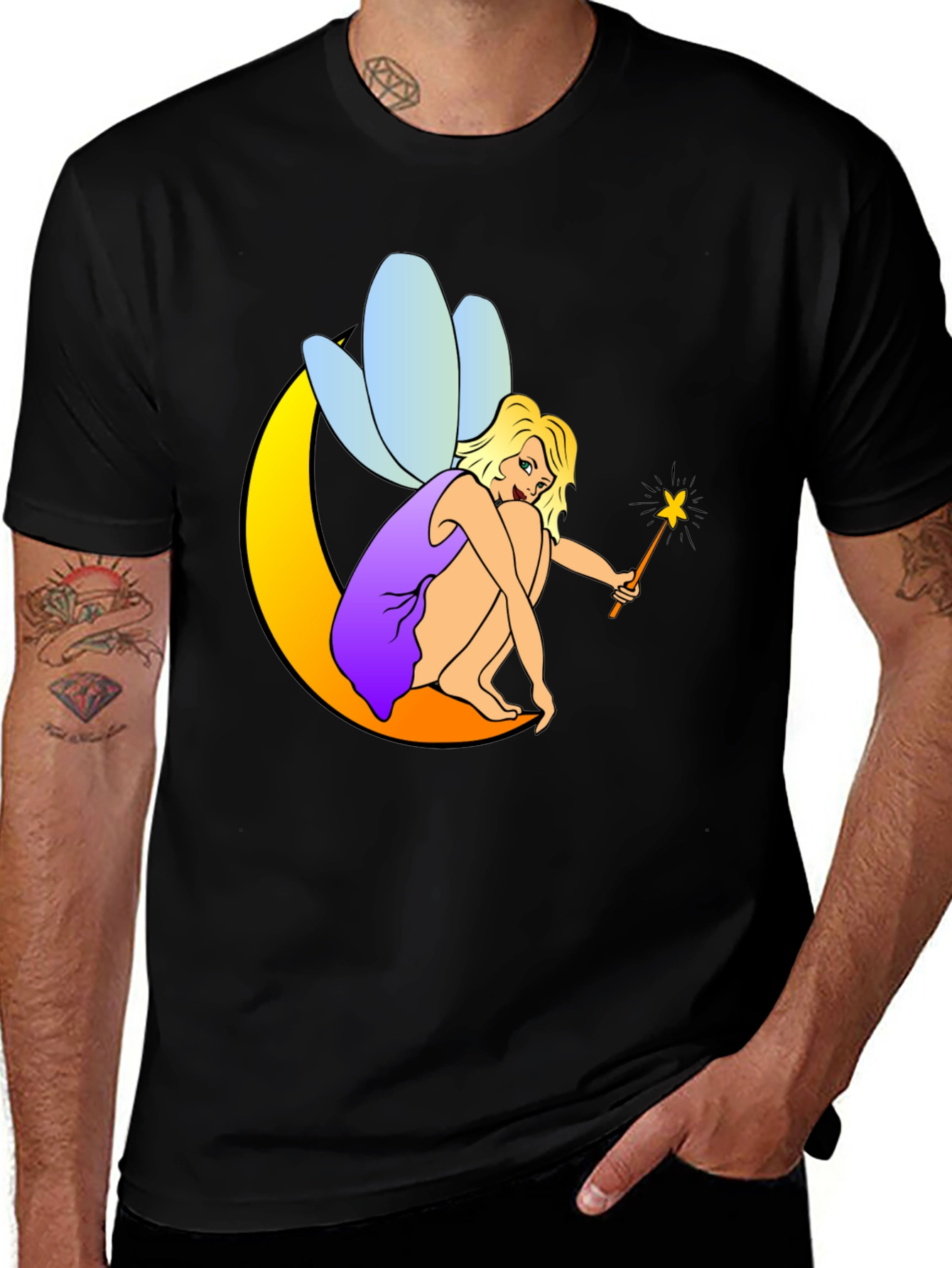 Fairy on Moon Black T-Shirt