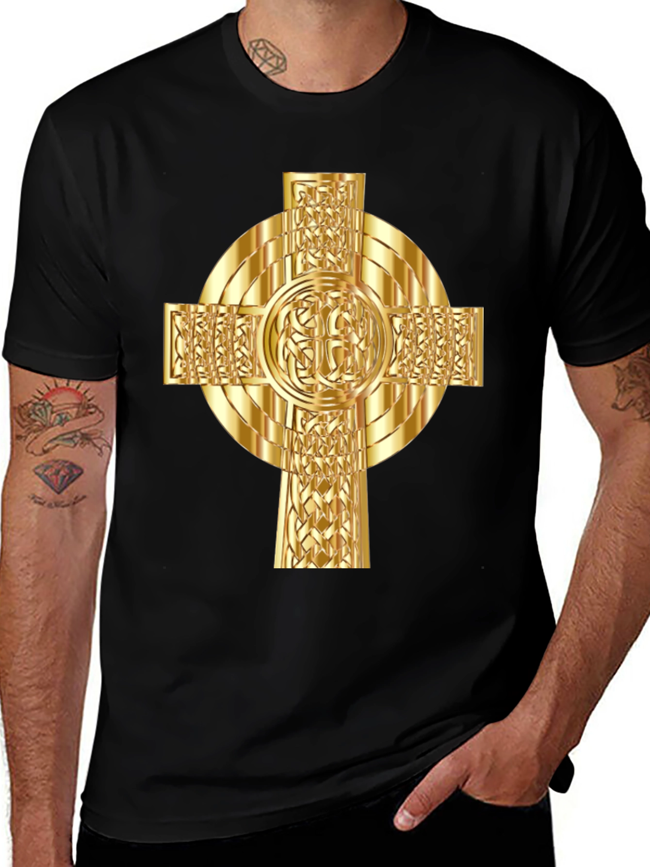 Celtic Cross Graphic Tee - Gold Design on Black
