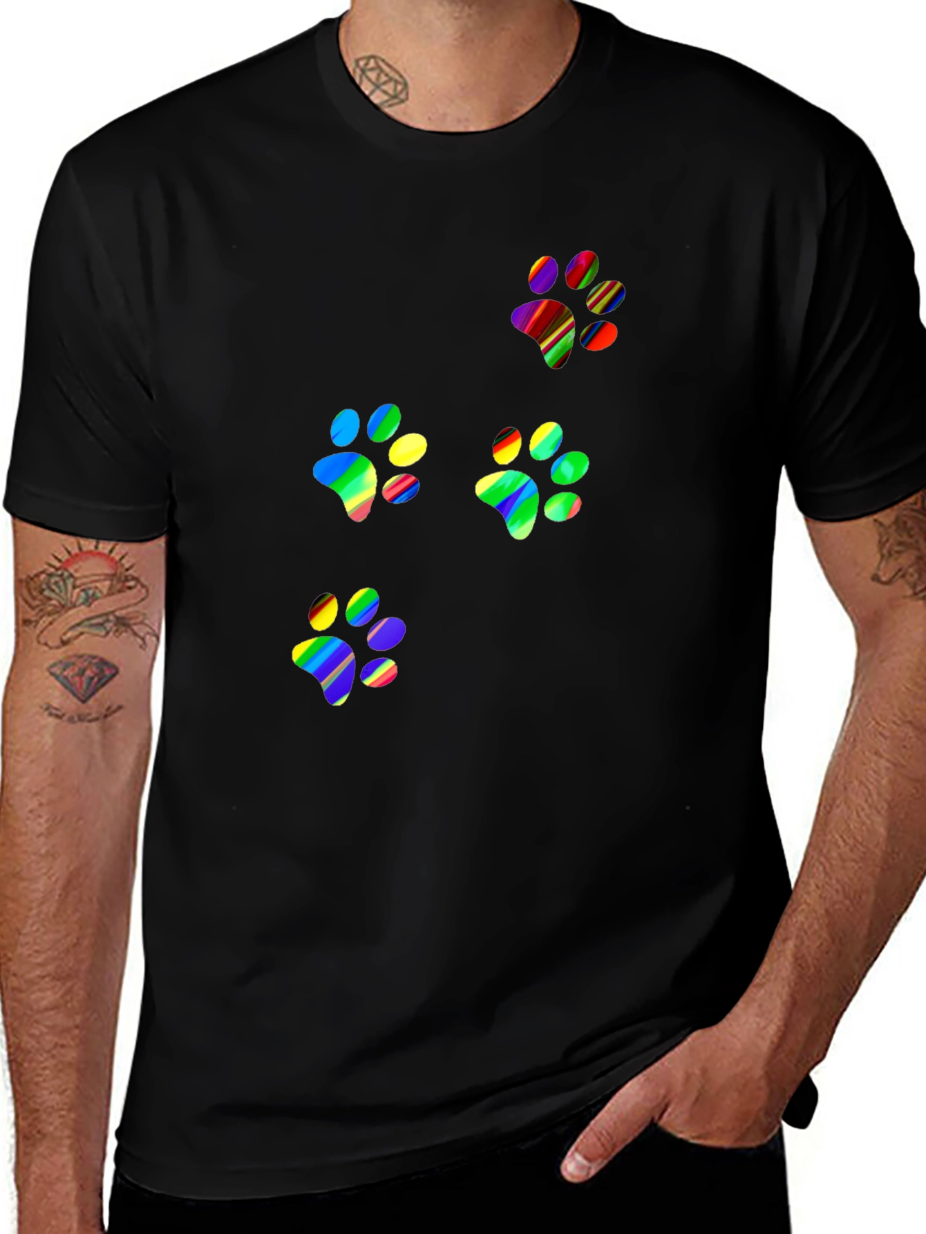 Variant 30 of Rainbow Paw Print T-Shirt - Black Crew Neck