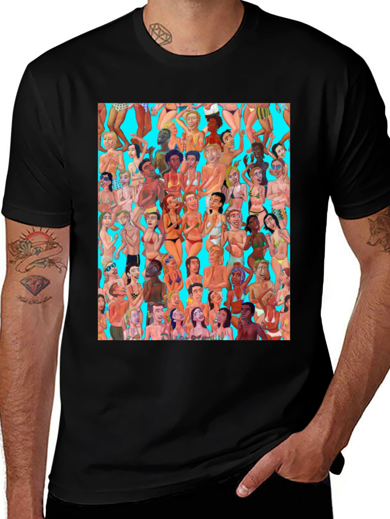 Fun Cartoon Crowd T-Shirt - Black