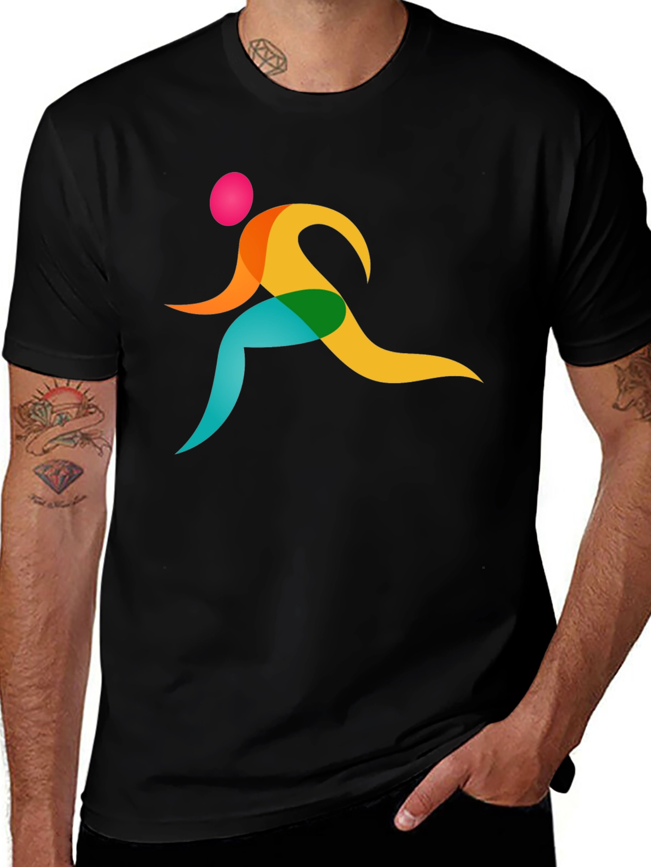 Variant 21 of Men's Black T-Shirt with Colorful Runner Design