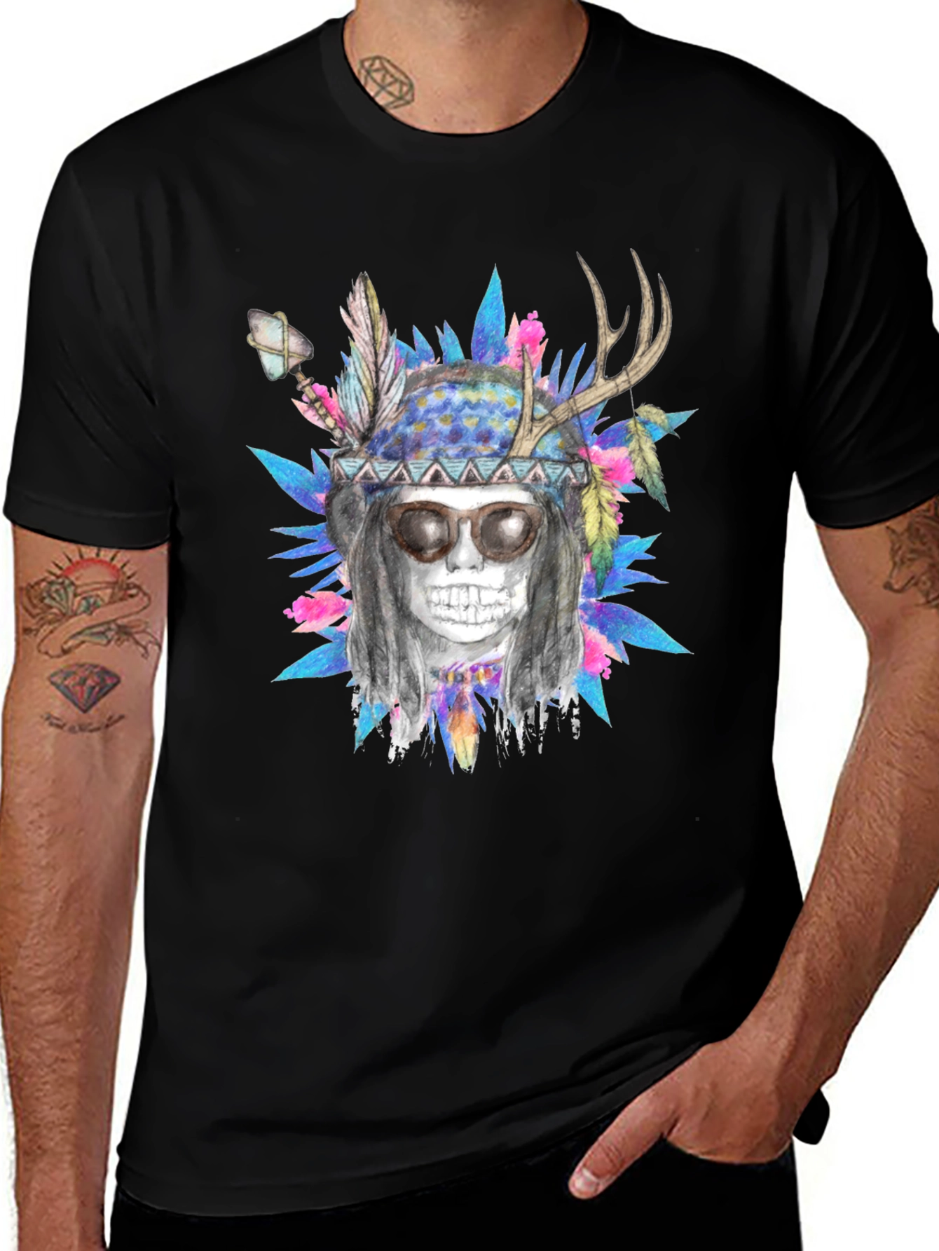 Variant 8 of Skull Tee with Native American Headdress Design